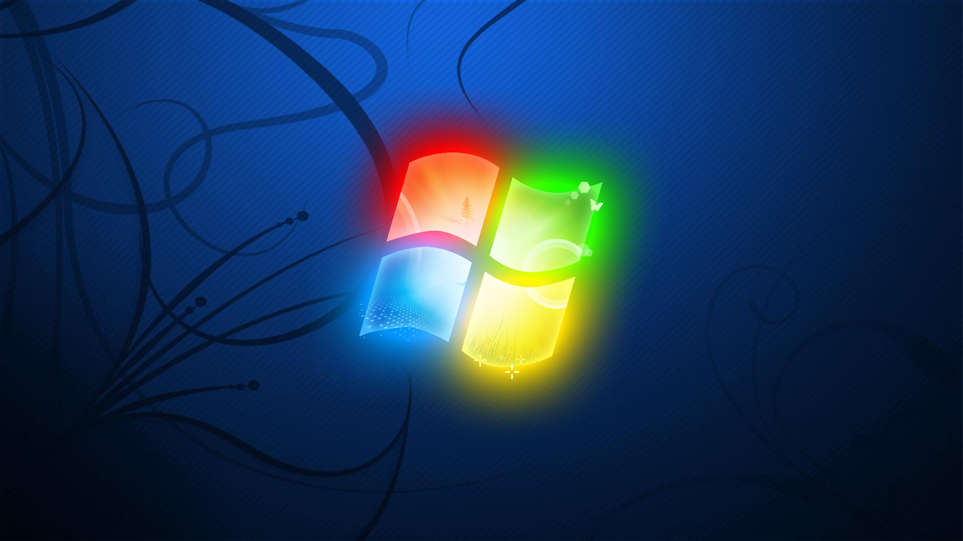 A vibrant Windows logo wallpaper with a dark blue background and stylized floral design. The logo panes glow with red, green, blue, and yellow, creating a modern and artistic feel
