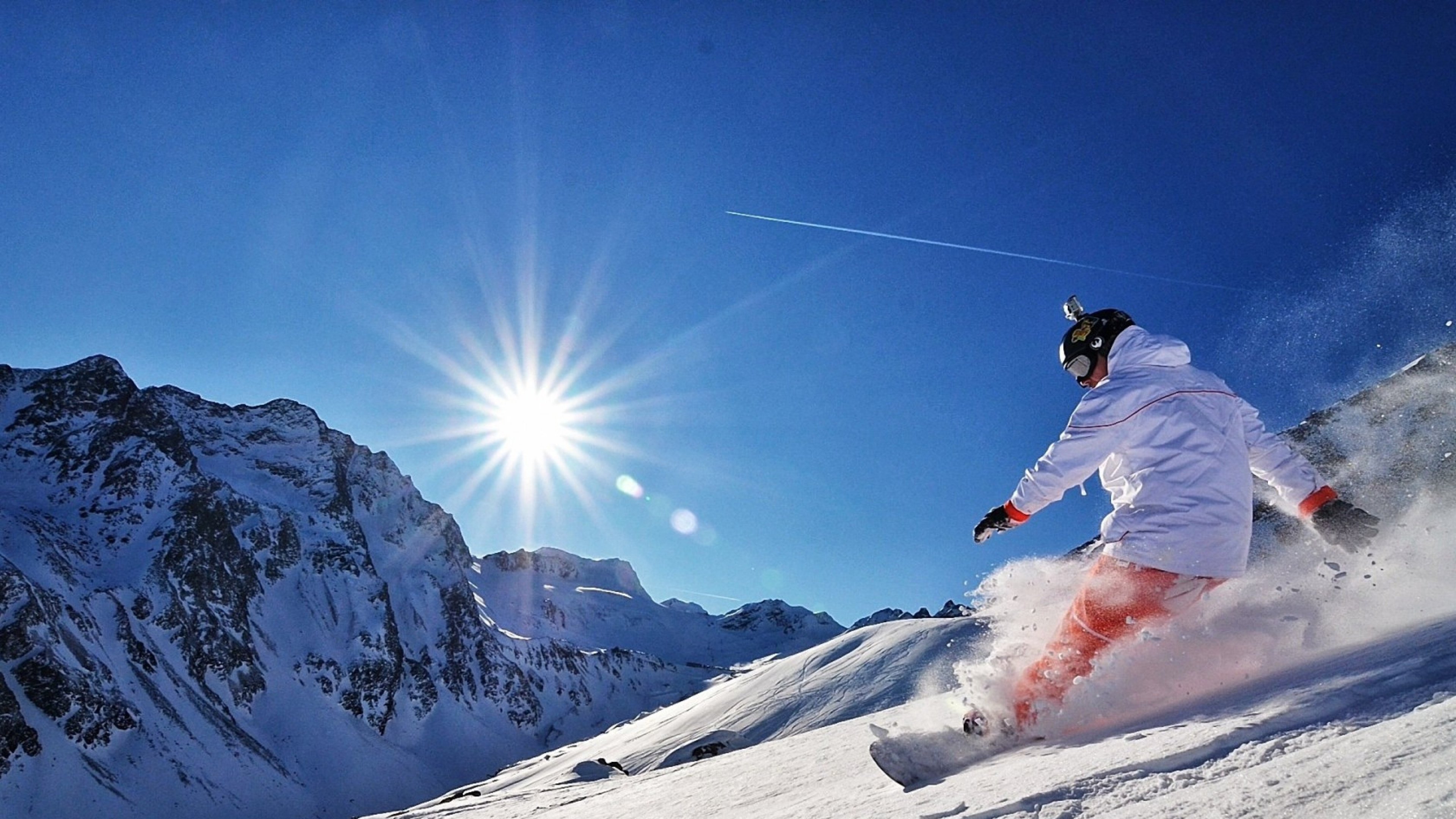  3840x2160 Snowboard Snow Mountains Sun Adrenaline 4K Ultra HD HD