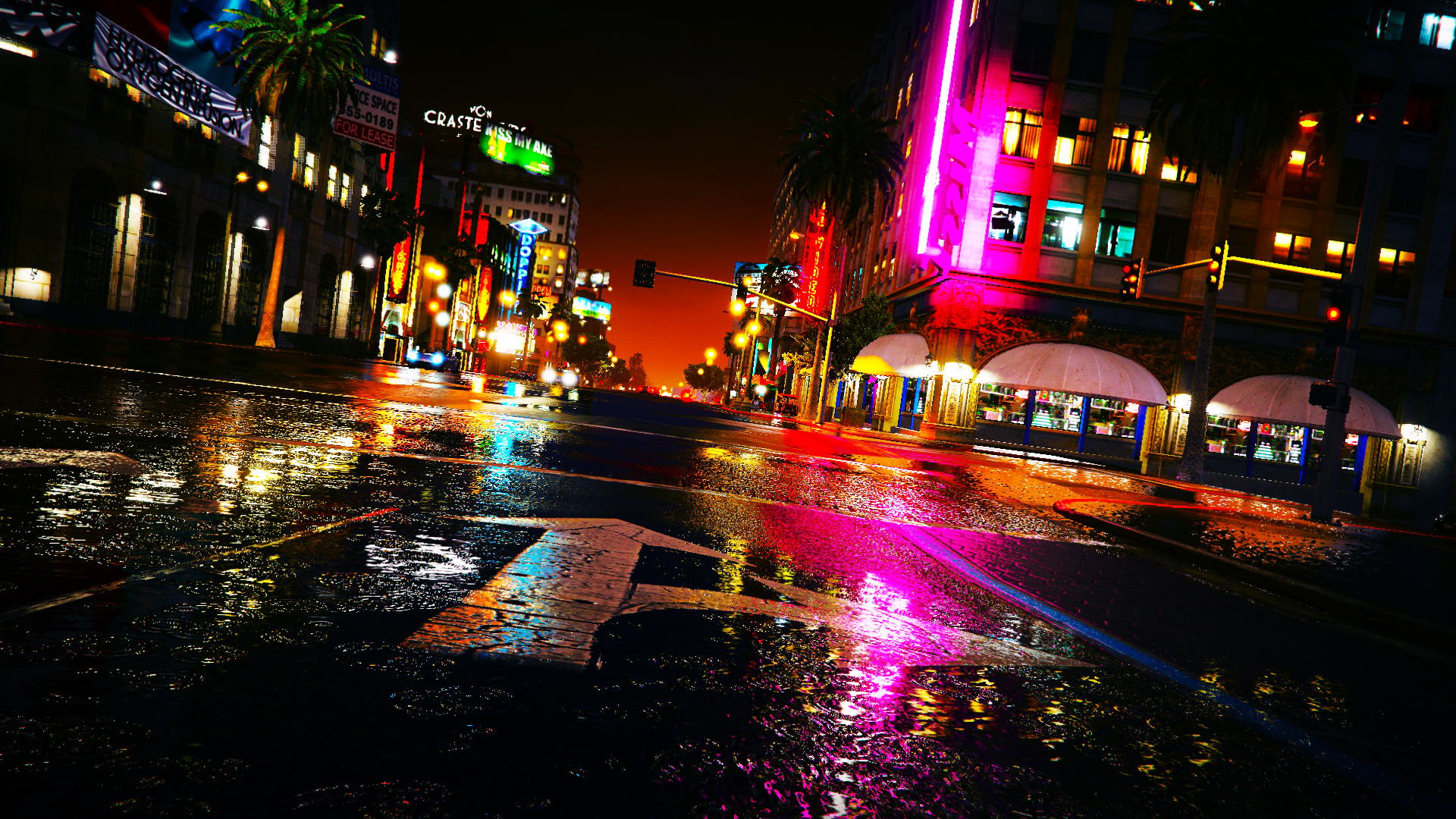 A vibrant, neon-lit cityscape at night, reminiscent of a scene from Grand Theft Auto, with rain-slicked streets reflecting the colorful lights