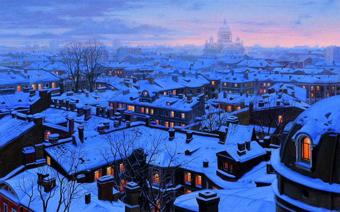 House Light Night Russia Saint Petersburg Snow Town Winter