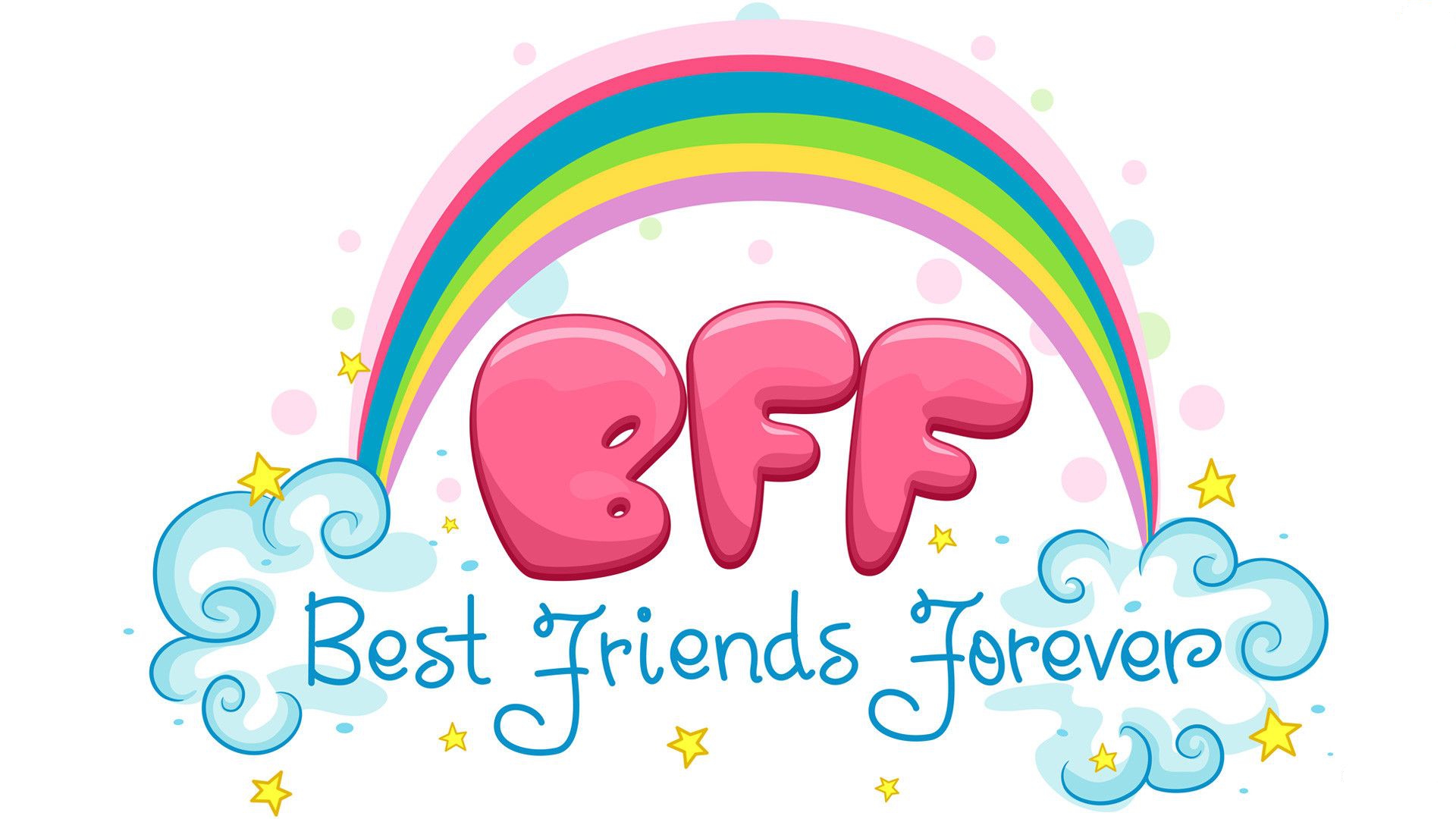A vibrant illustration with the acronym 'BFF' in bold pink letters under a rainbow, symbolizing best friends forever