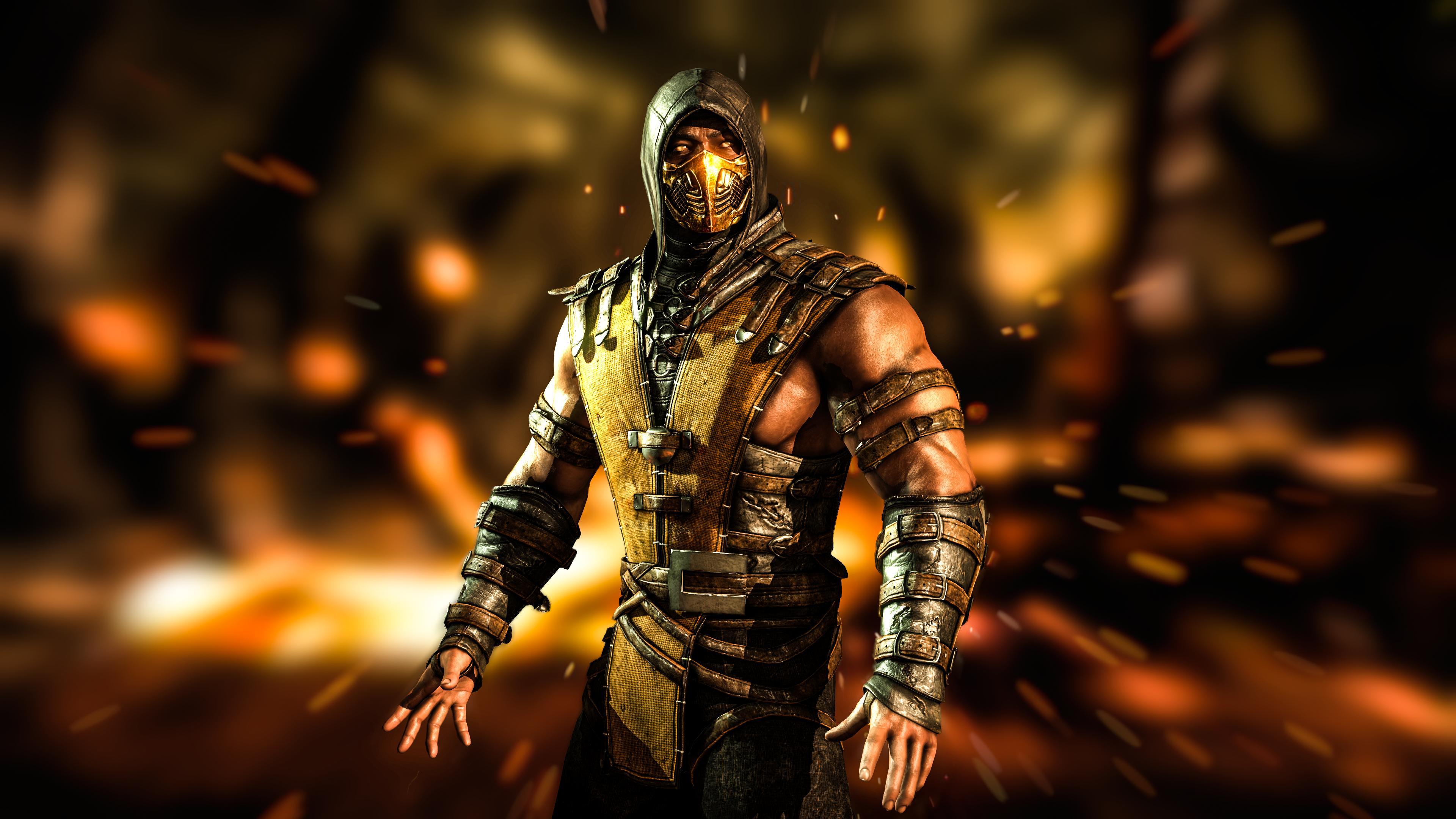 Mortal Kombat warrior Scorpion against a fiery backdrop