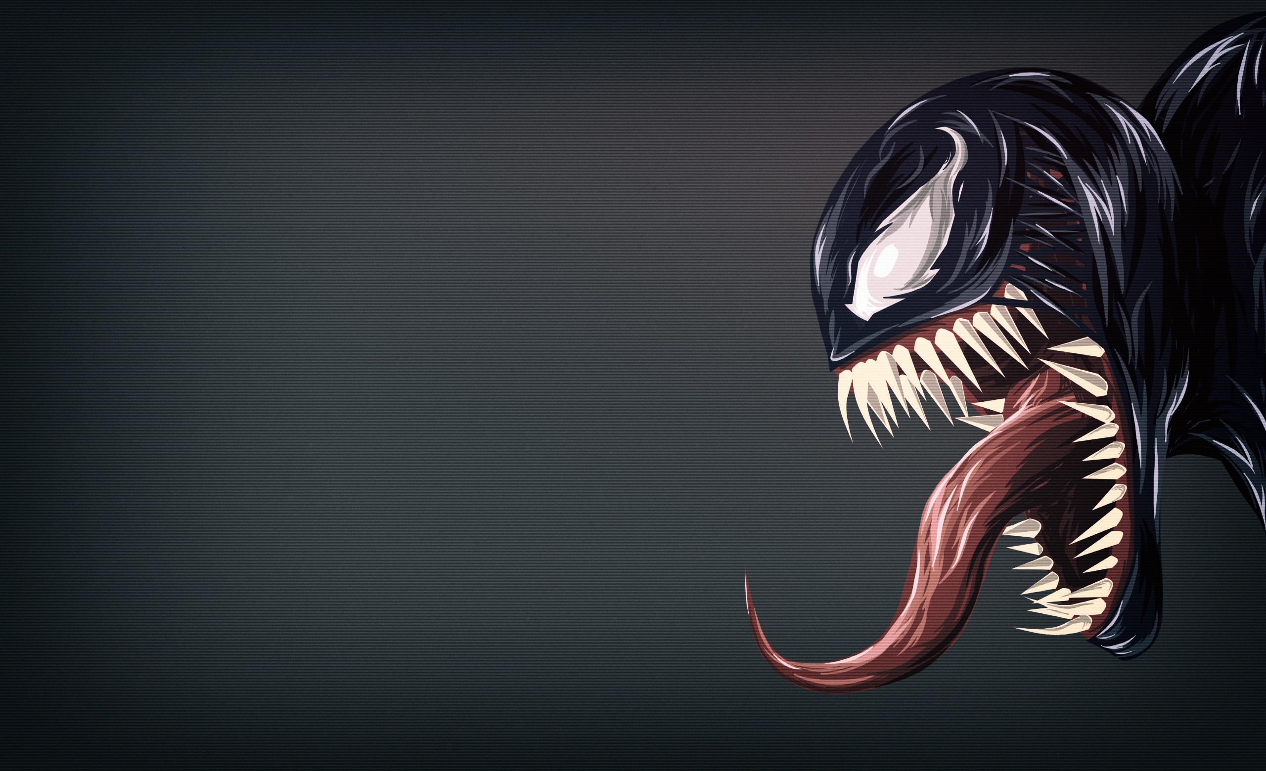 Close-up of Venom's head with sharp teeth and long tongue against a dark, textured background