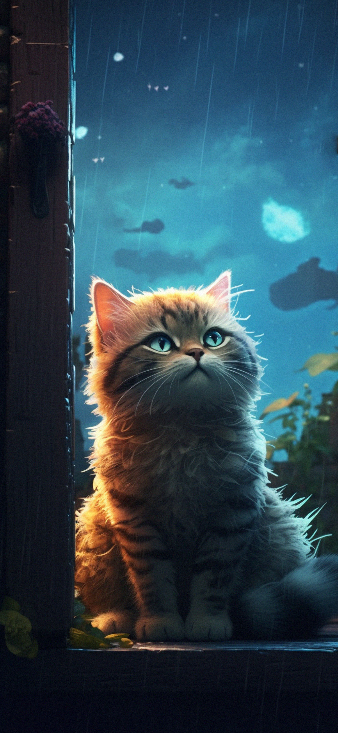 A fluffy kitten gazes out a window at a rainy night scene in this 4k cat wallpaper