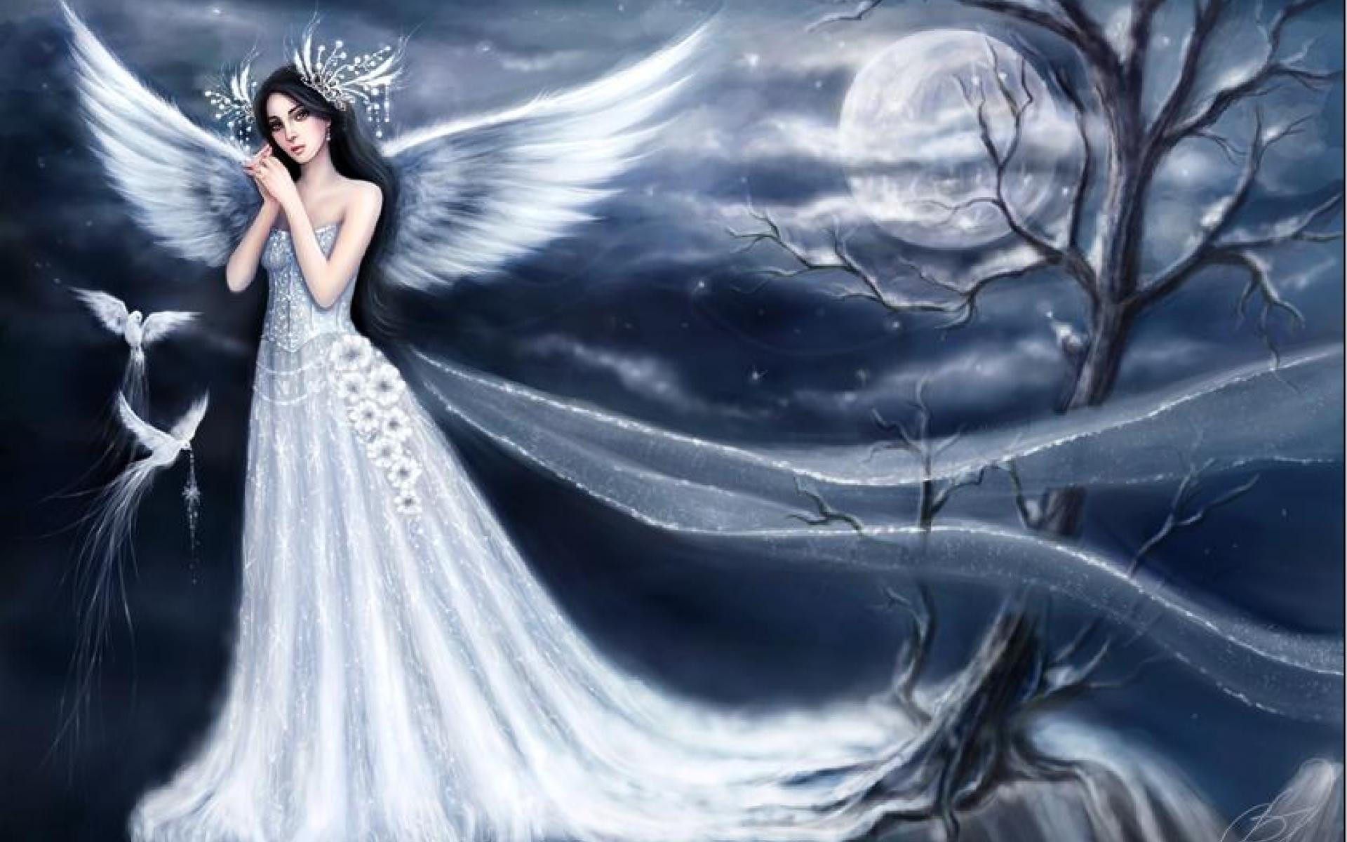 A snow angel with white wings and a flowing white gown stands against a backdrop of a dark blue, snowy night sky with a full moon and a frosted tree
