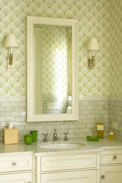 Sunken Sink Guest Bath Green Accents Bathroom Wallpaper