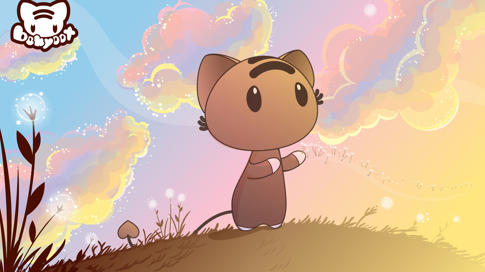 A cute cartoon cat stands on a hilltop, watching dandelion seeds float on the breeze against a backdrop of pastel-colored clouds