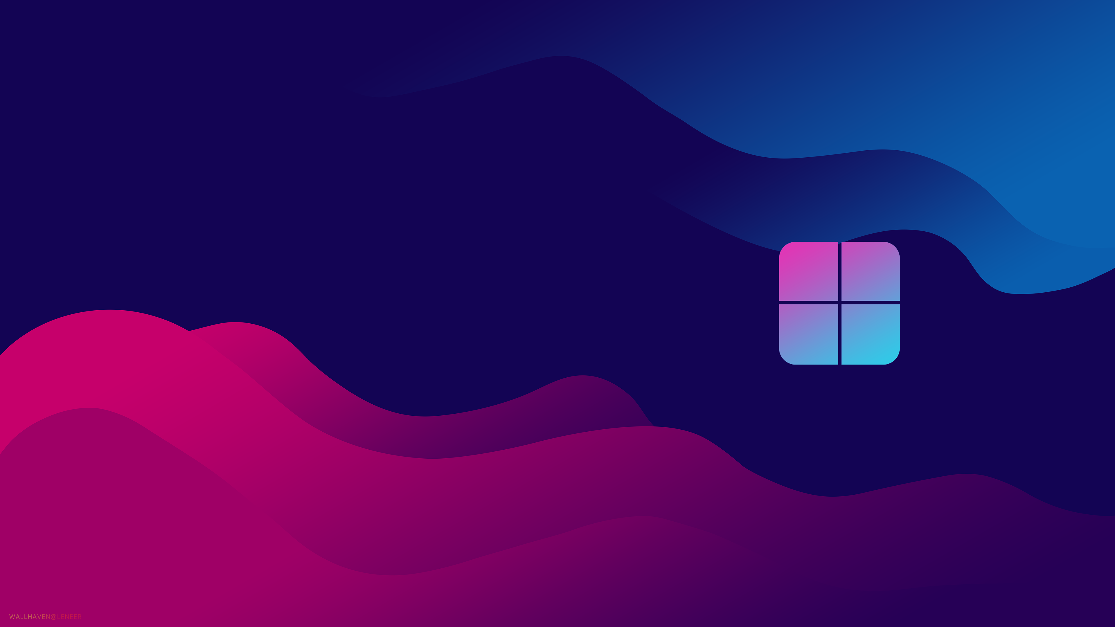 Abstract 4K Windows Wallpaper with vibrant pink and blue waves and the Windows logo