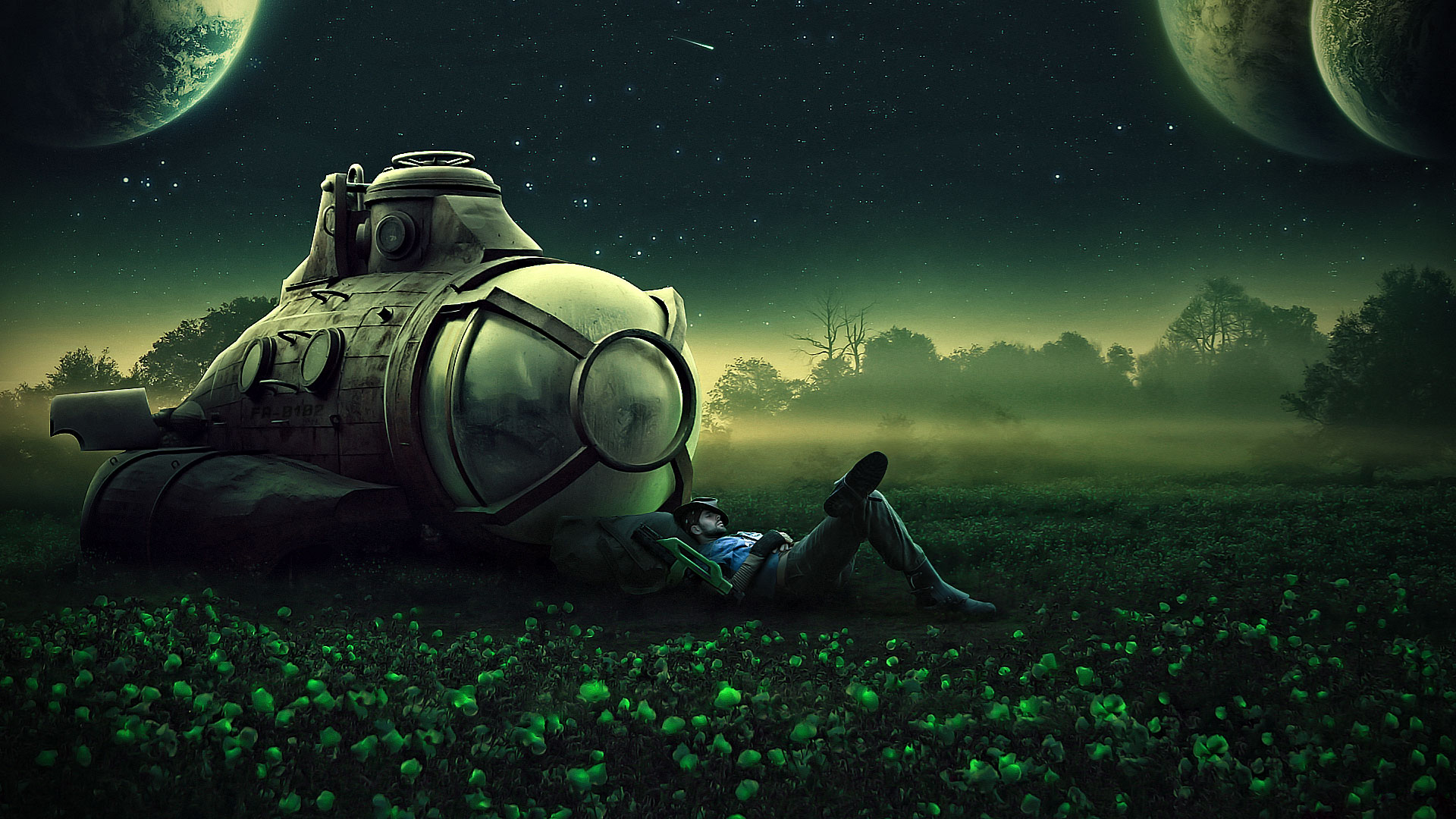 Man Sleeping On Field By Space Ship Galaxy Fantasy