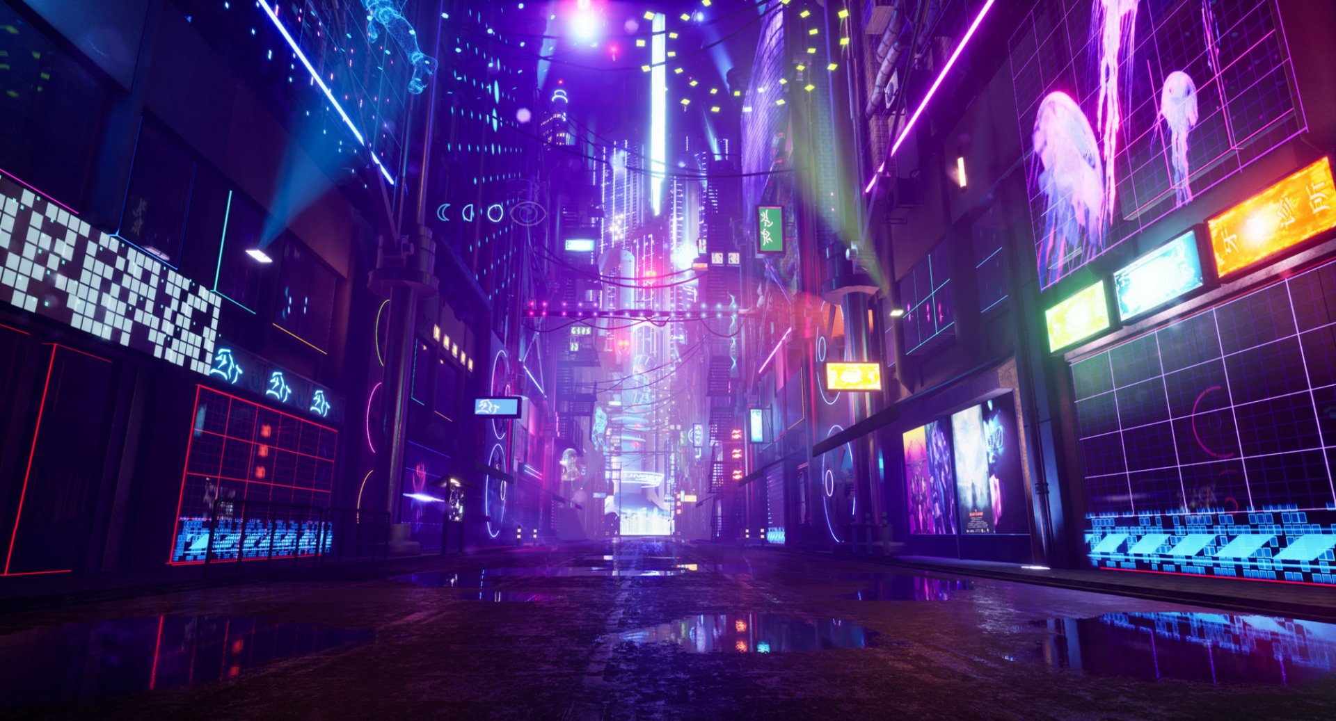 A futuristic cyberpunk city street at night, glowing with neon lights and digital displays
