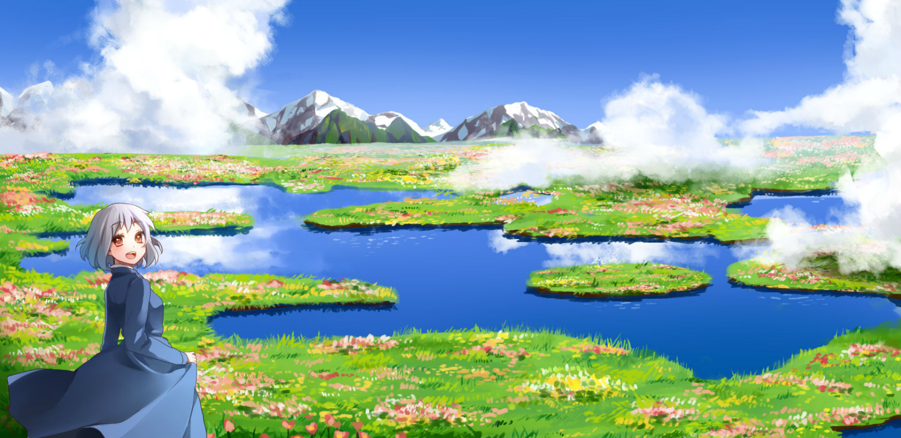 Howls Moving Castle Clouds Flowers Grass Ichinose Yukino Scenic Sky