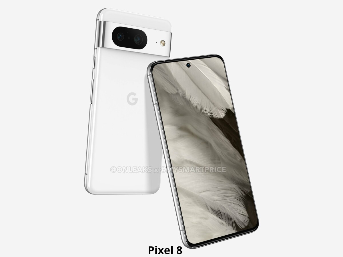Leaked image of the Google Pixel 8 smartphone, showcasing its white rear panel and a glimpse of the front display