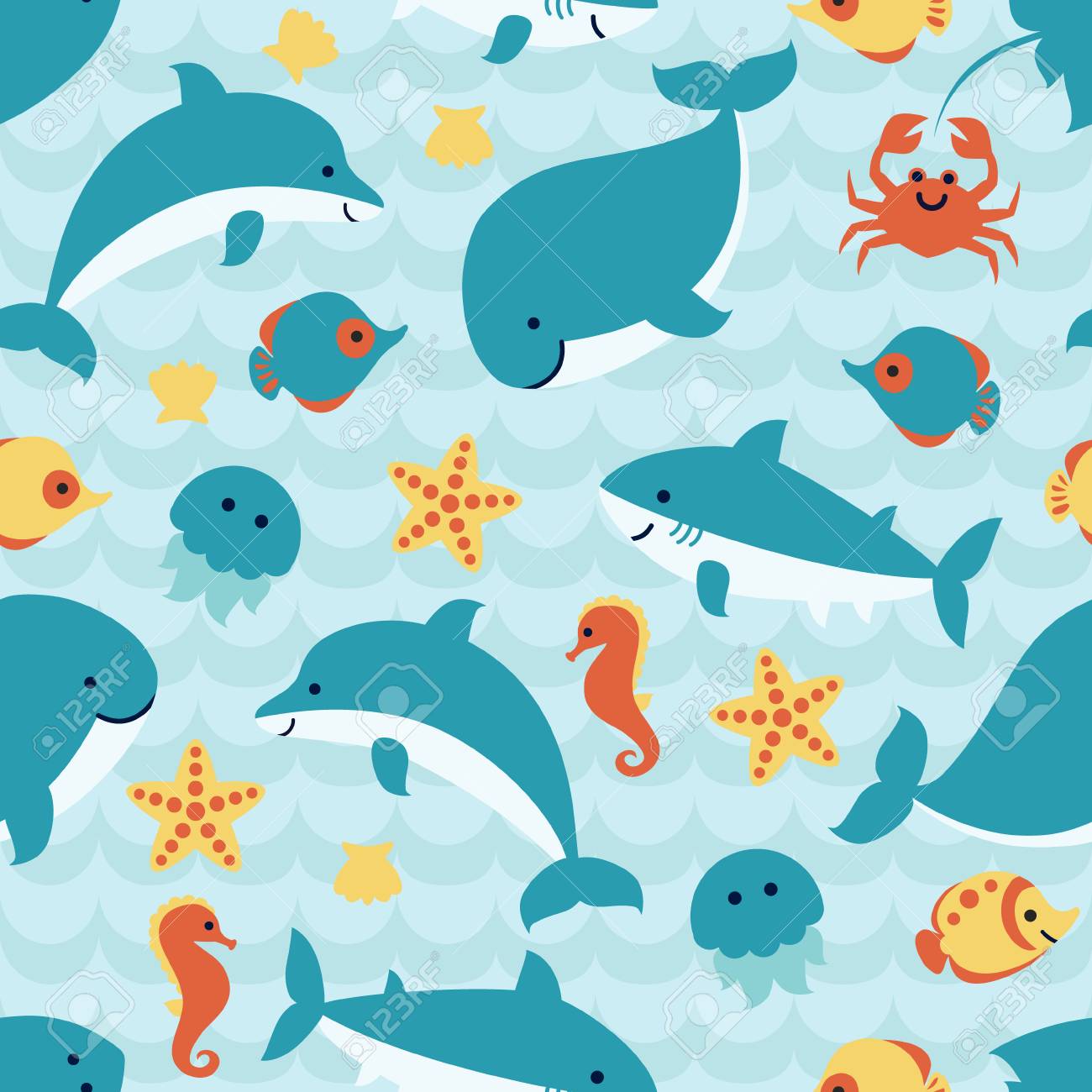 Seamless Pattern With Cute Cartoon Sea Animals On Blue Wave