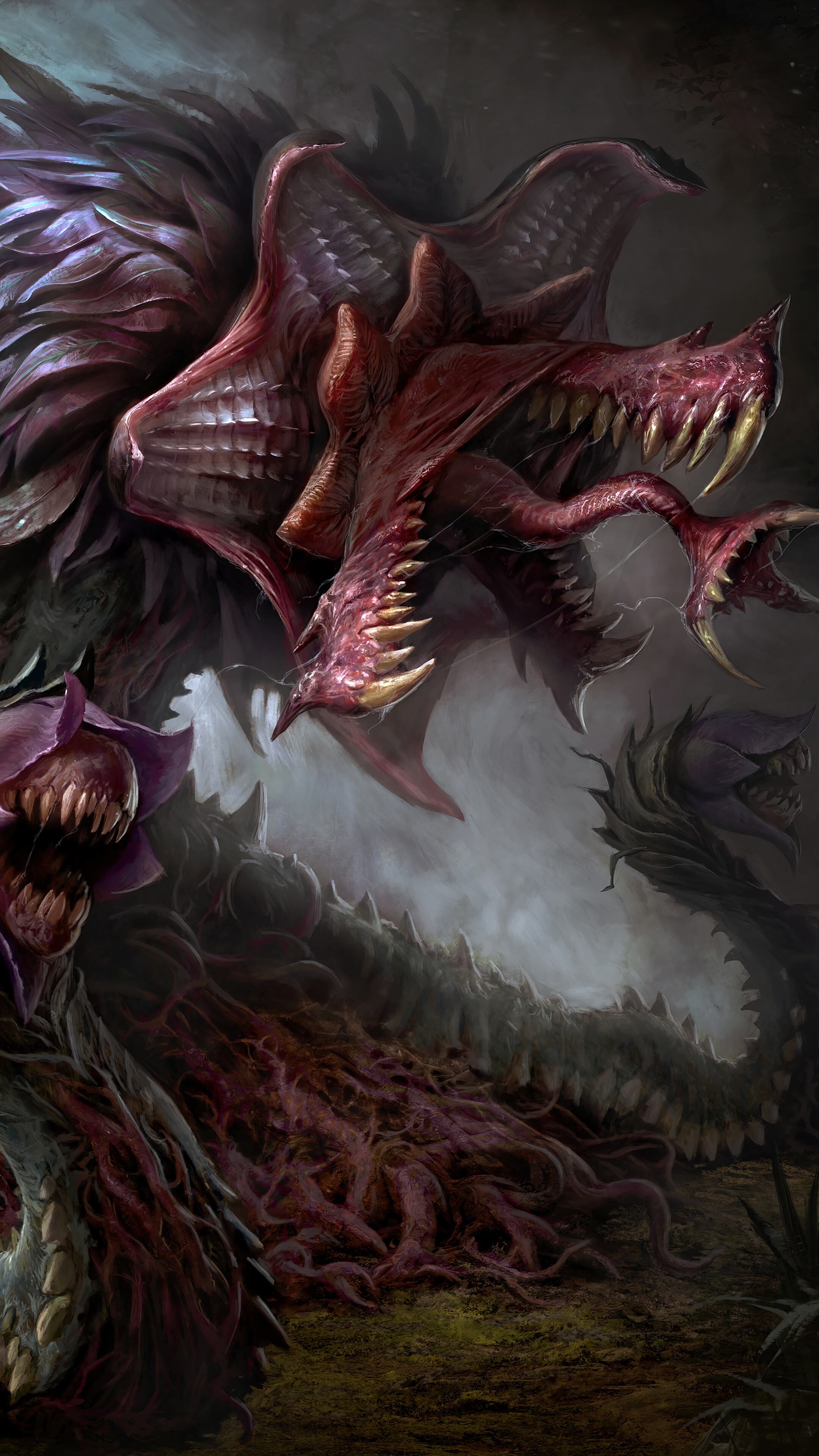 A nightmarish, monstrous plant with multiple gaping maws and thorny vines. Digital art