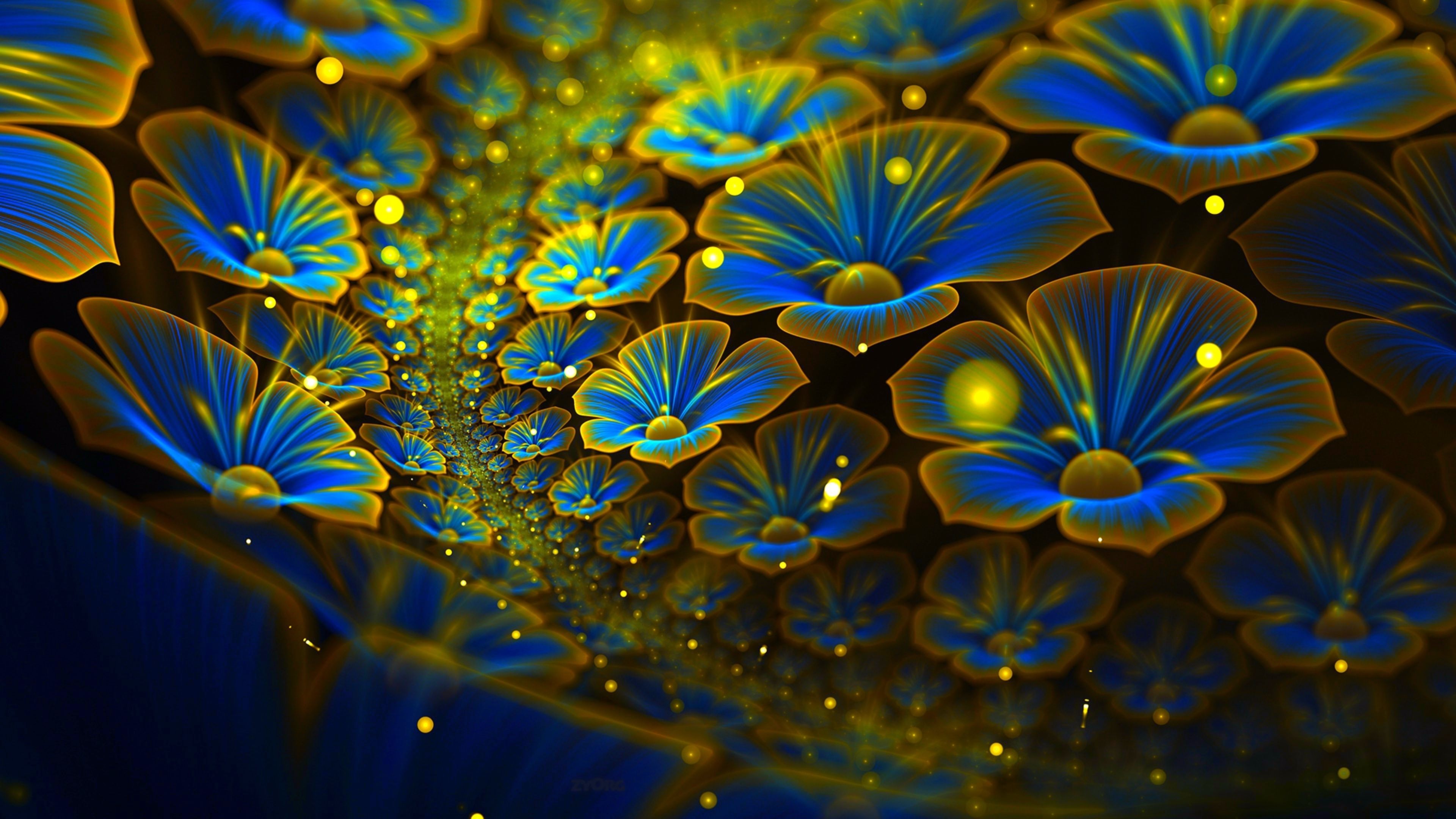 Vivid blue and gold fractal flowers on a dark background, creating a stunning 4K abstract floral design