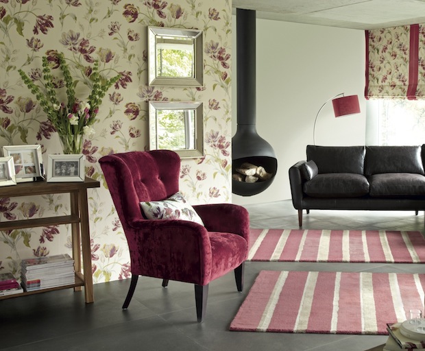 Gosford Meadow Cranberry Print Wallpaper Hayes Chair Bexley Stripe