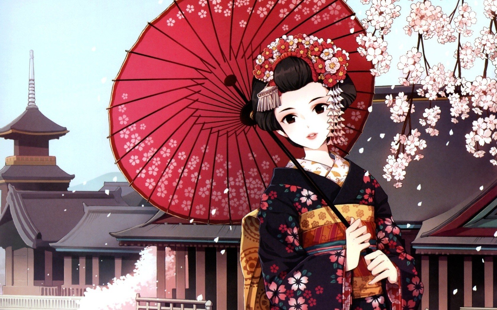 Anime Girls Kimono Traditional Clothing Cherry Blossom Umbrella Original Characters Wallpaper