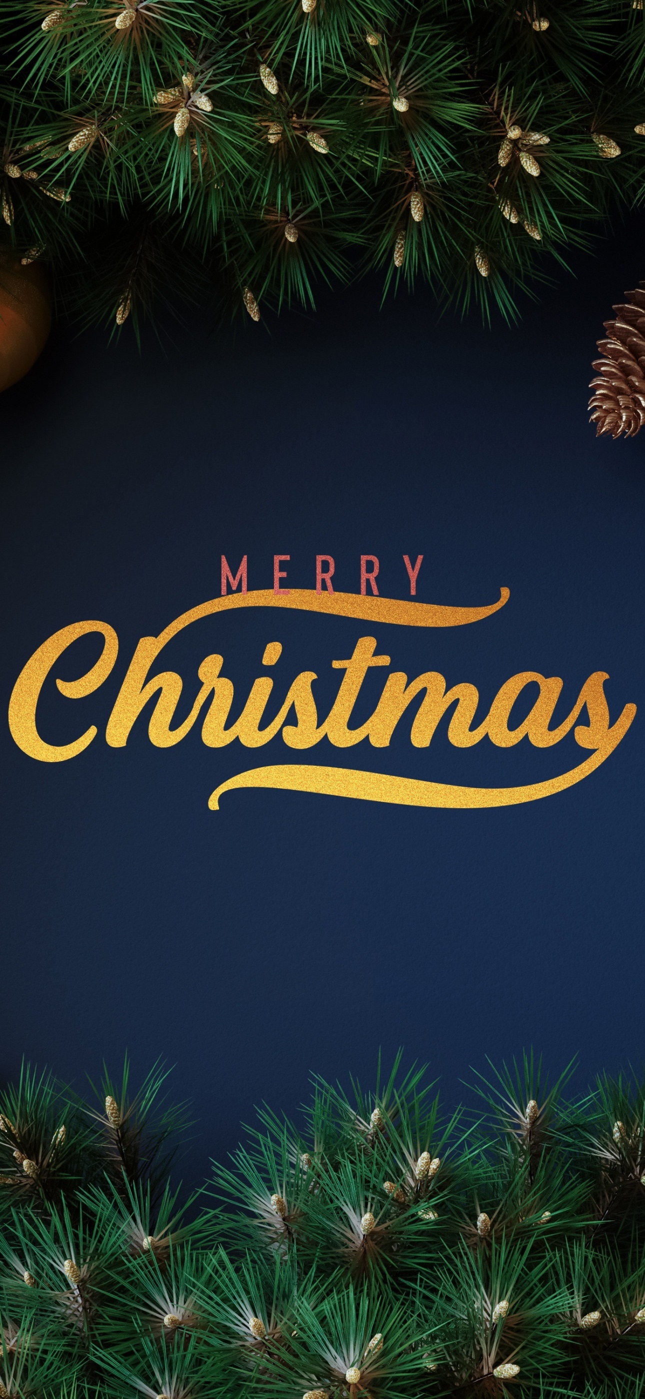 Merry Christmas 4k Text Gold Pine Needles iPhone Wallpaper