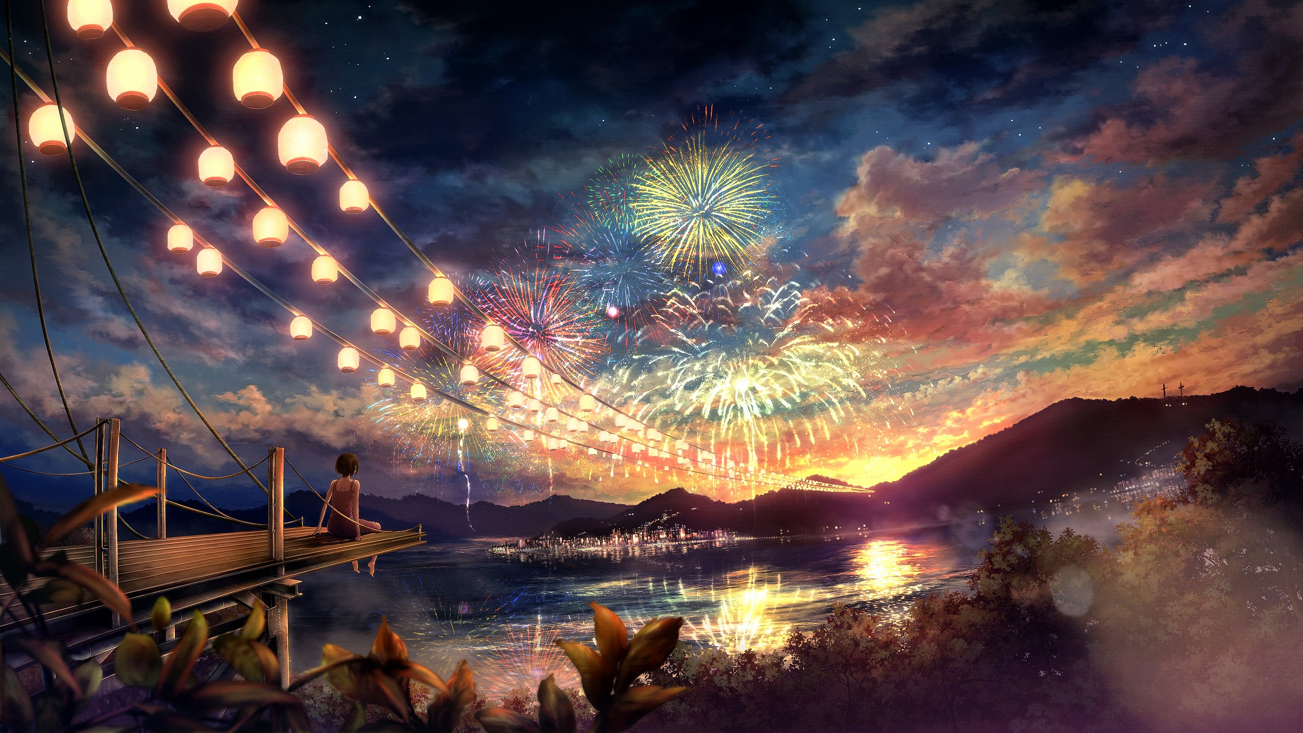Scenic Anime Girls Cities Chinese Lantern Wallpaper Background