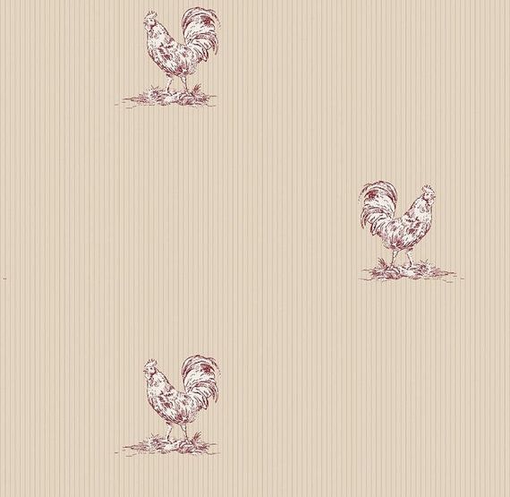 Rooster Toile On Subtle Pinstripe Stripe Chicken Wallpaper By The