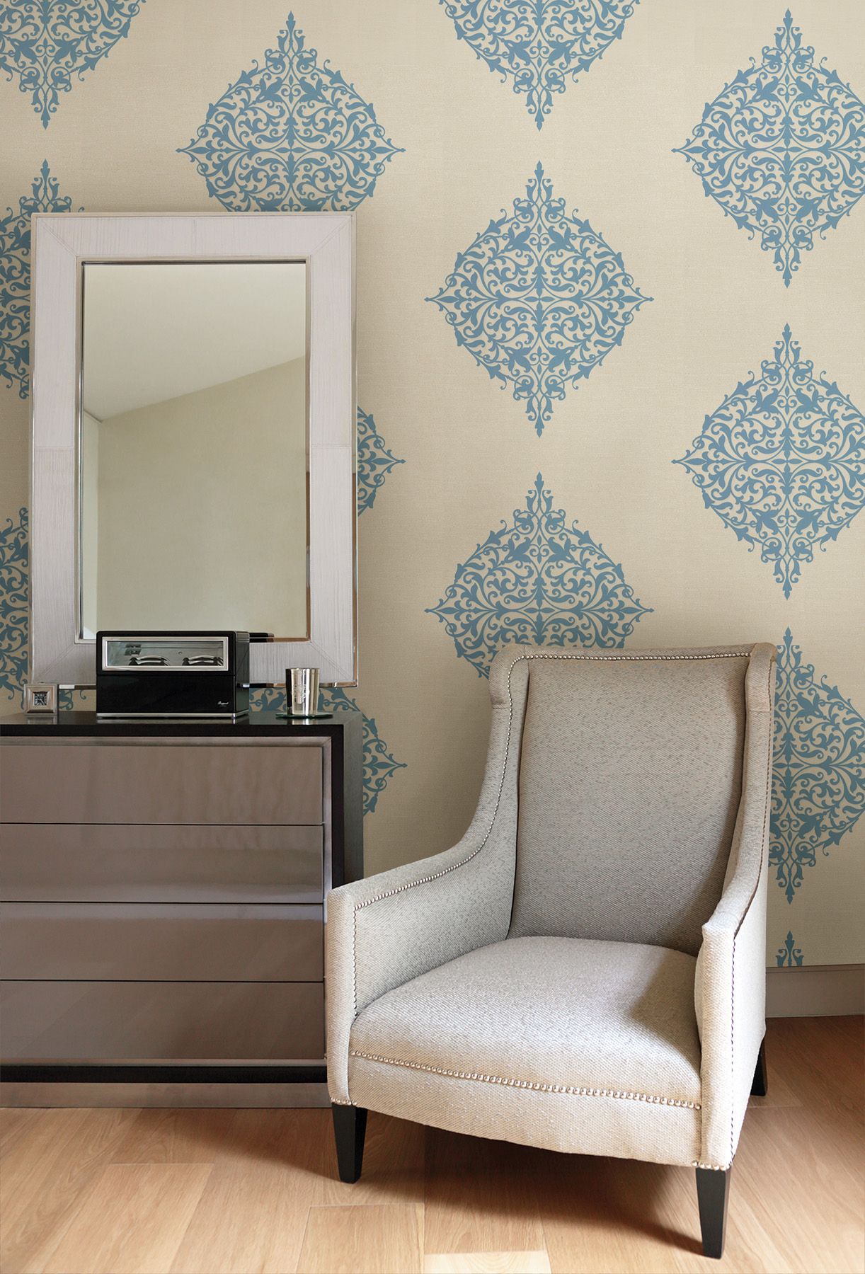 Turquoise Feature Wall With Modern Medallion Wallpaper Living Room