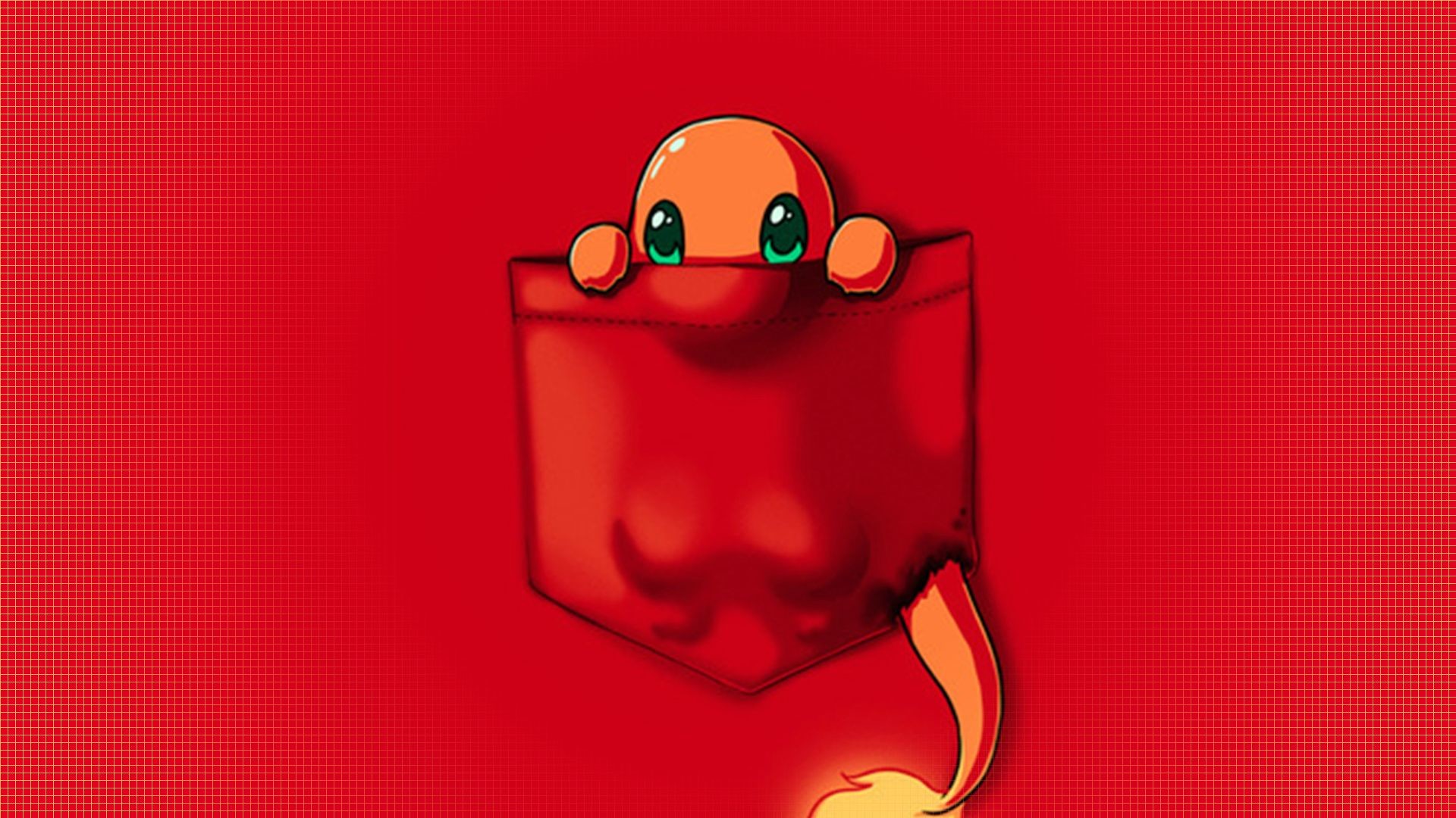 A cute Charmander peeking out of a pocket on a red background, perfect for Pokemon fans