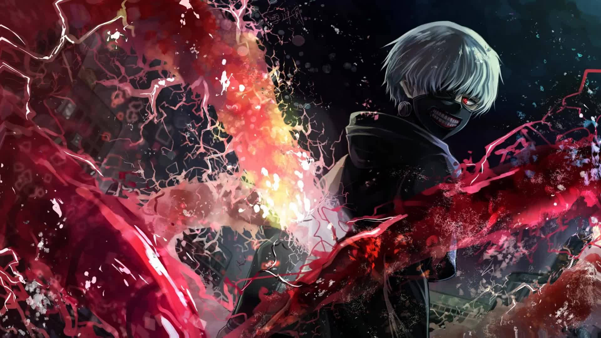 A dynamic 4k live wallpaper featuring an anime character with white hair and a black mask, amidst a vibrant backdrop of red and black splashes, possibly depicting a supernatural ability or action sequence
