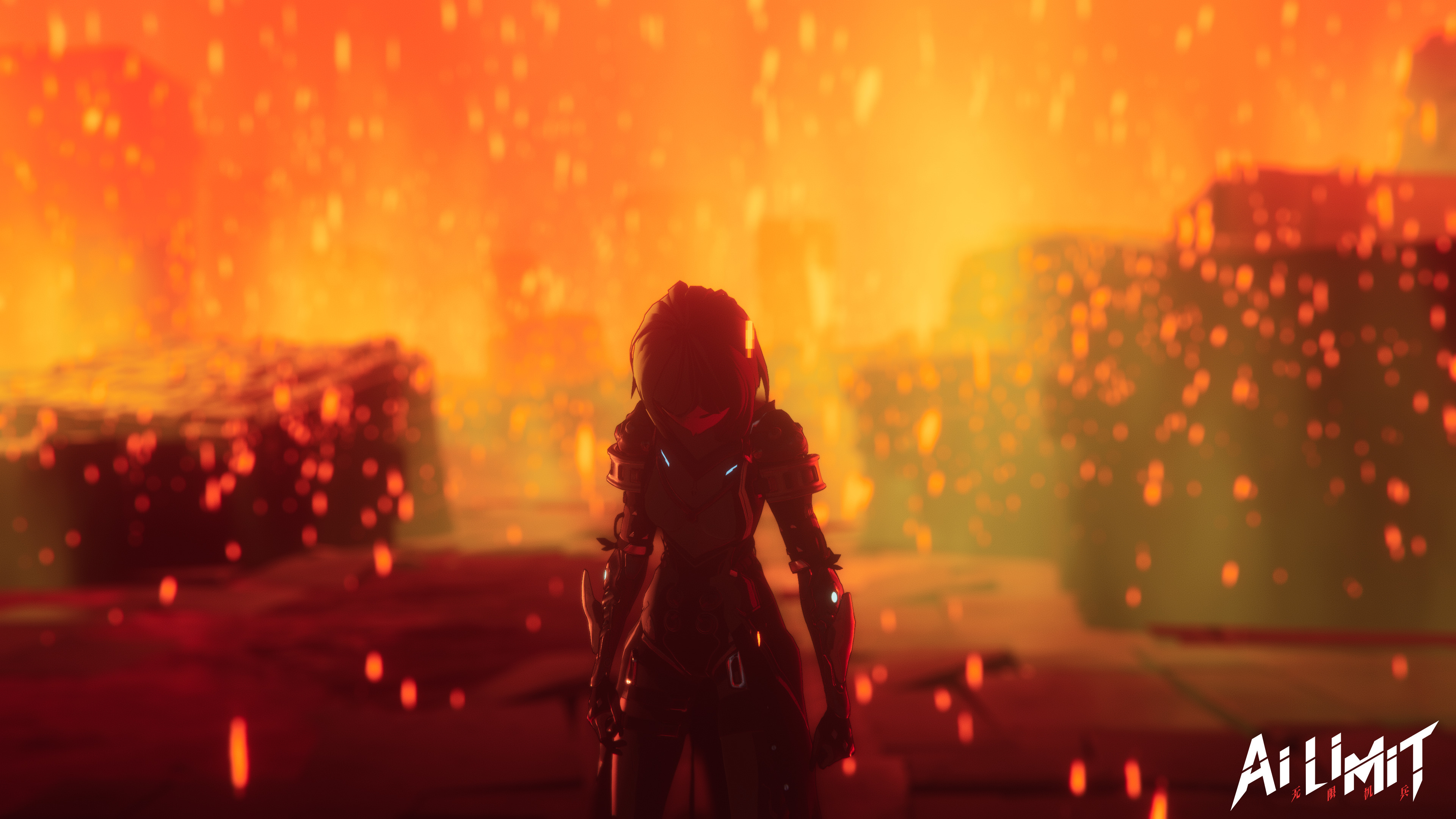 A 4K wallpaper featuring a female cyborg amidst a fiery, apocalyptic backdrop