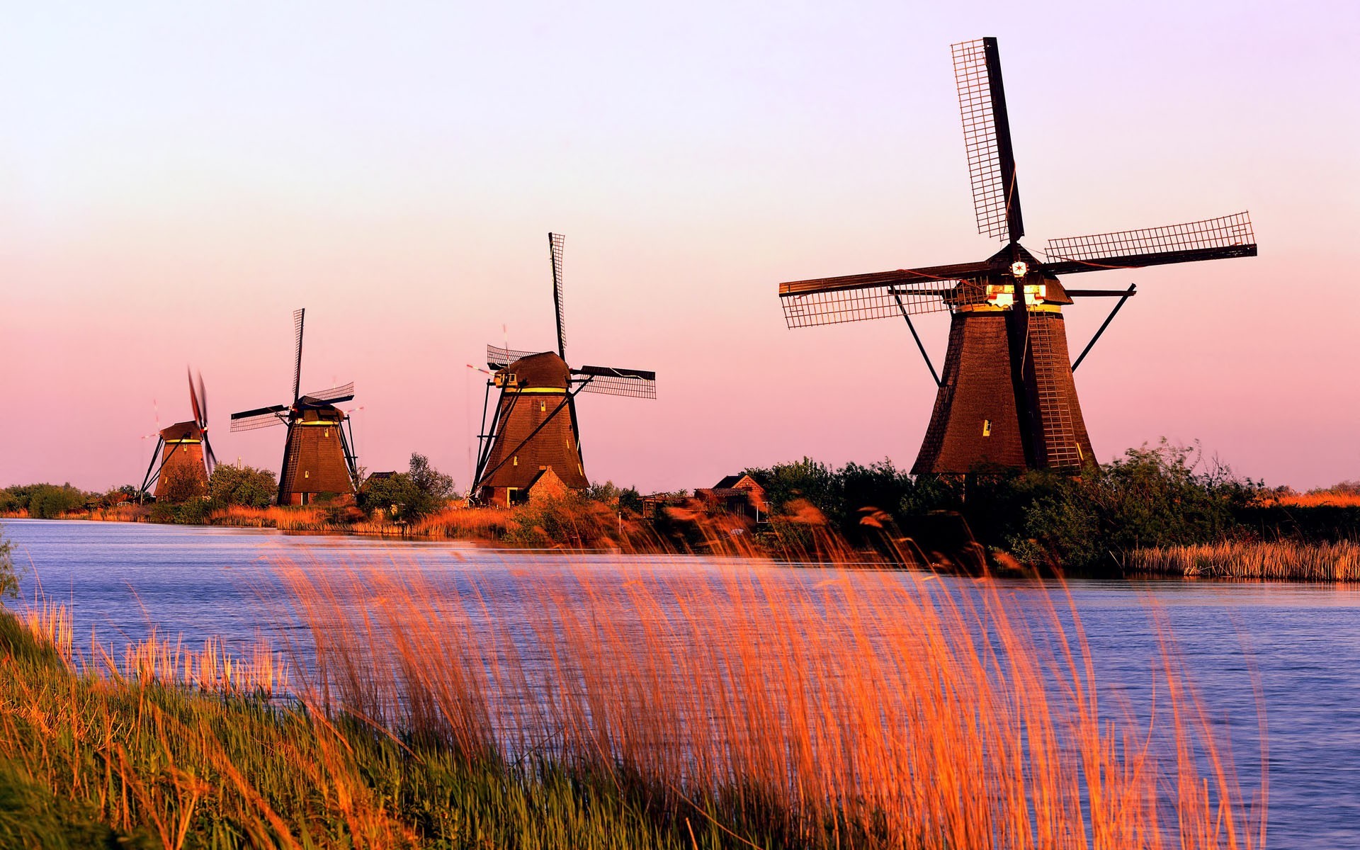 Windmills By The River Wallpaper