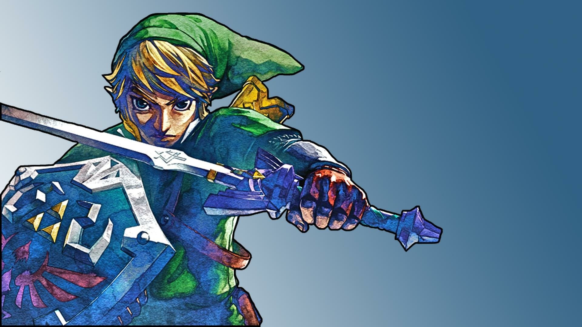 Link, the protagonist of the Legend of Zelda series, wielding the Master Sword and Hylian Shield in a dynamic action pose