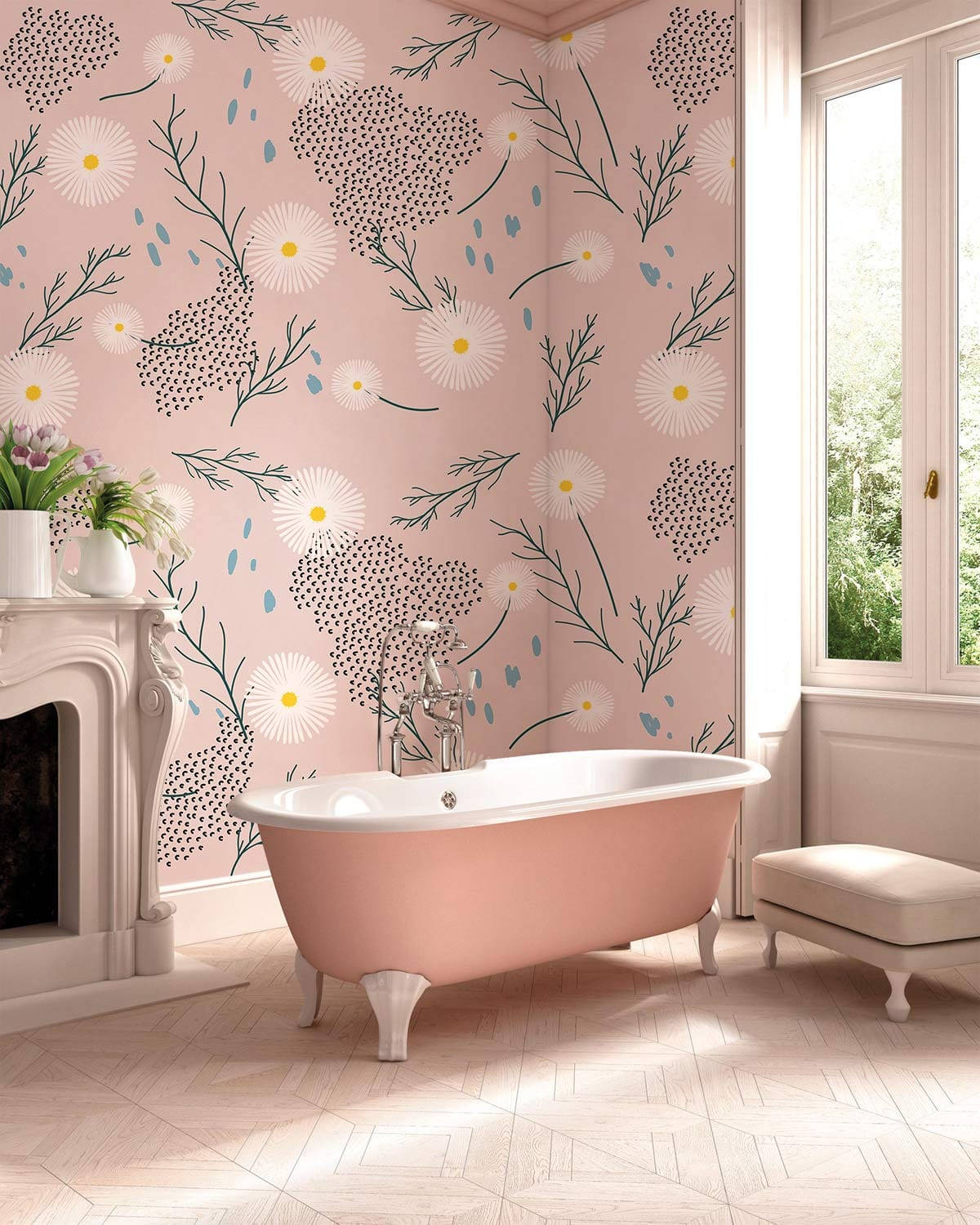 Bathtub Pink Flowery Wallpaper