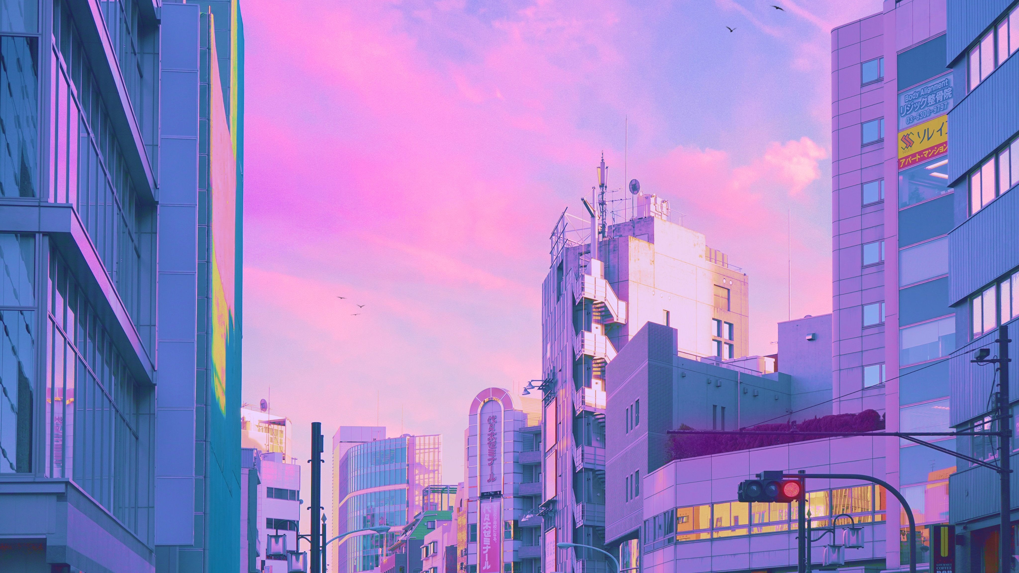 Pink Cityscape Skyline Clouds Building Traffic Lights Japan Asia Wallpaper