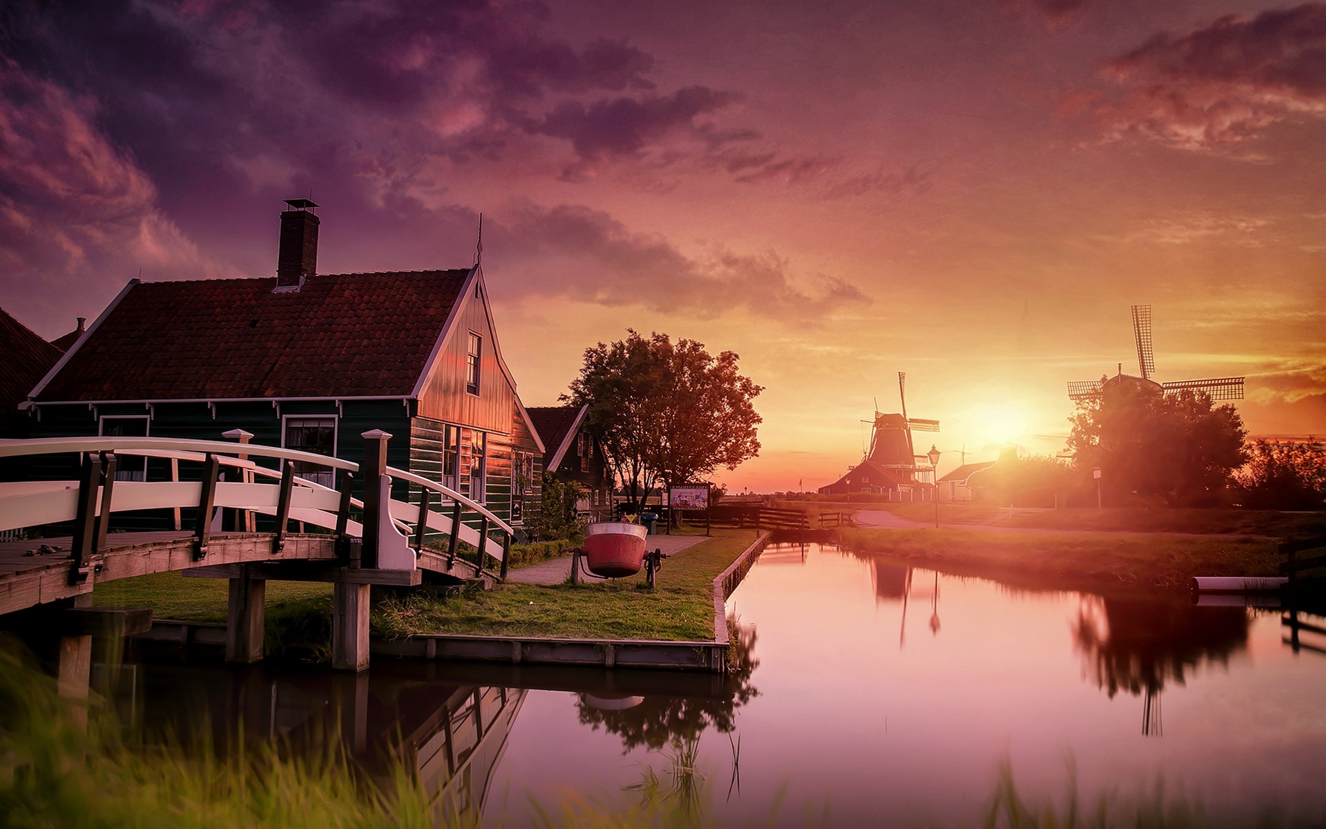 nature Landscape Netherlands Sunset Windmills Canal Bridge 1920x1200
