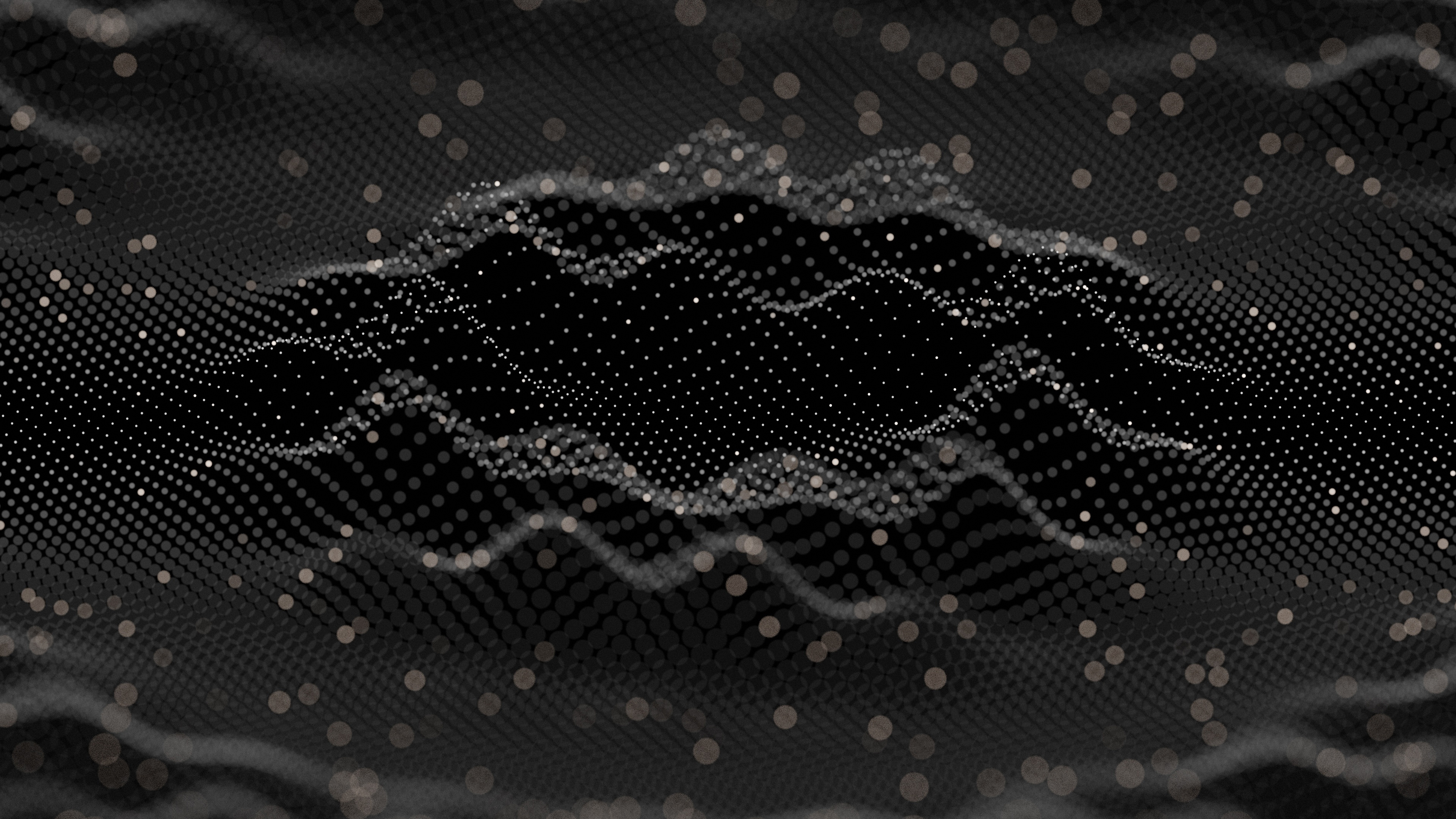 Abstract 4k wallpaper with a dark, textured background and a dynamic, flowing form made of light-colored particles. The particles create a sense of depth and movement, resembling a digital wave or terrain