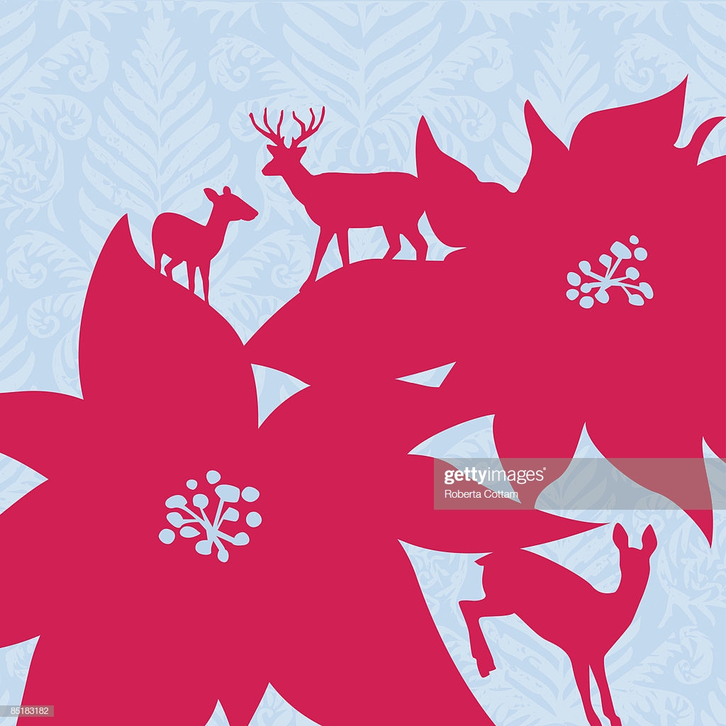 Silhouette Of Poinsettias And Deers On A Decorative Background