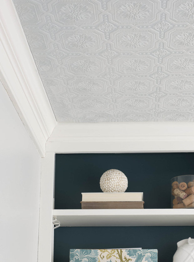  House Love used textured wallpaper to faux a tin ceiling Genius