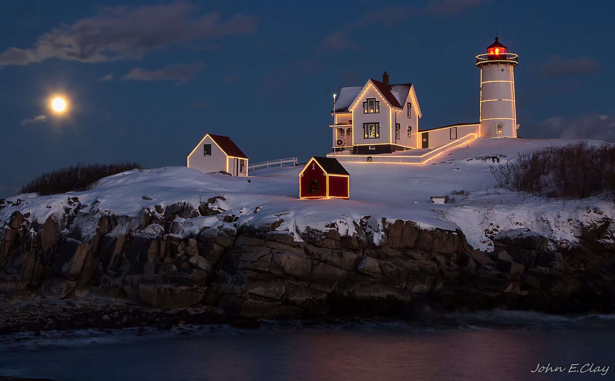 Landscape Night Lighthouse House Light Lights Moon Sea