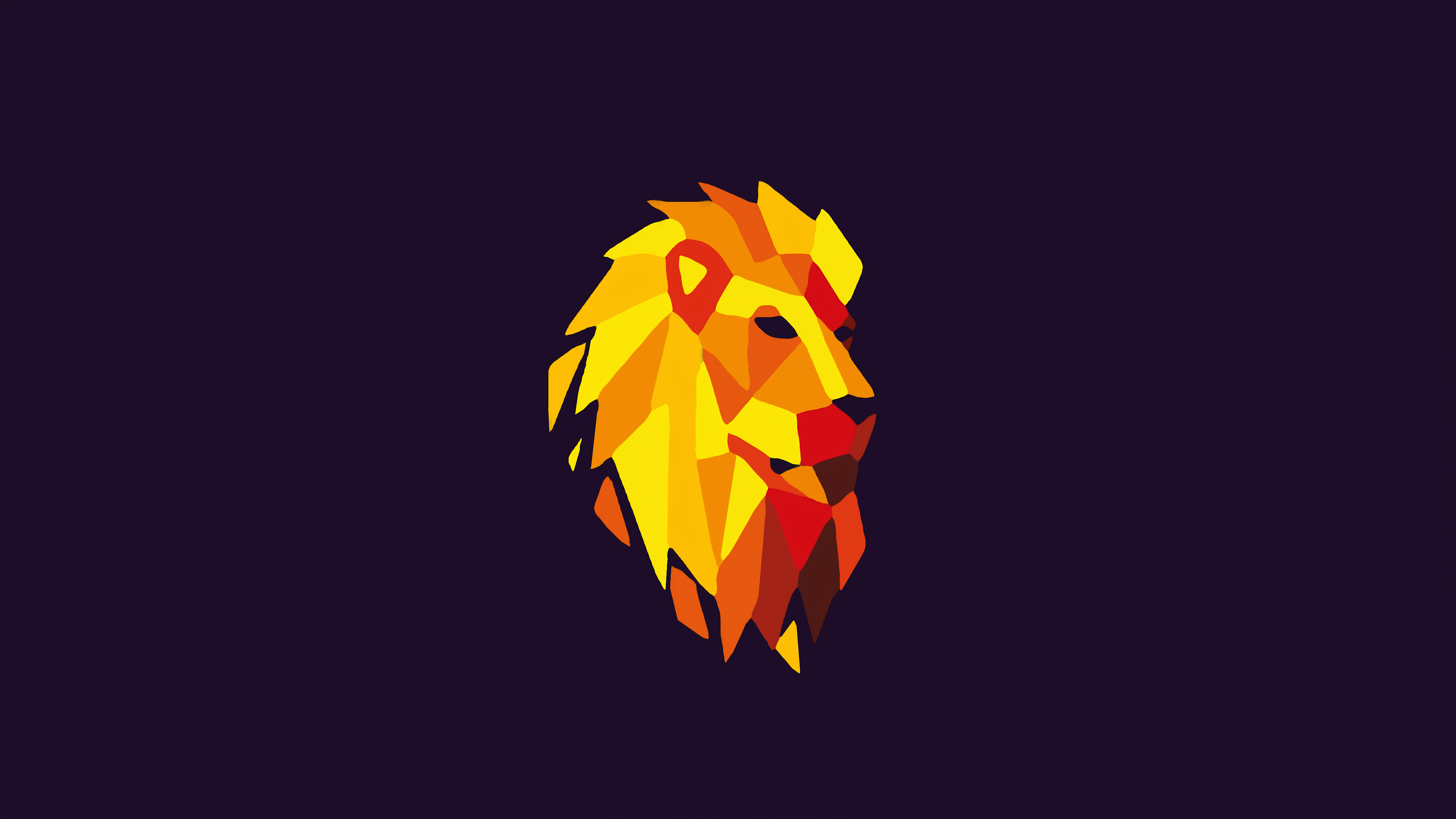 A stylized, low-poly portrait of a lion's head against a dark background. The lion is composed of geometric shapes in shades of yellow, orange, and red, creating a striking visual effect