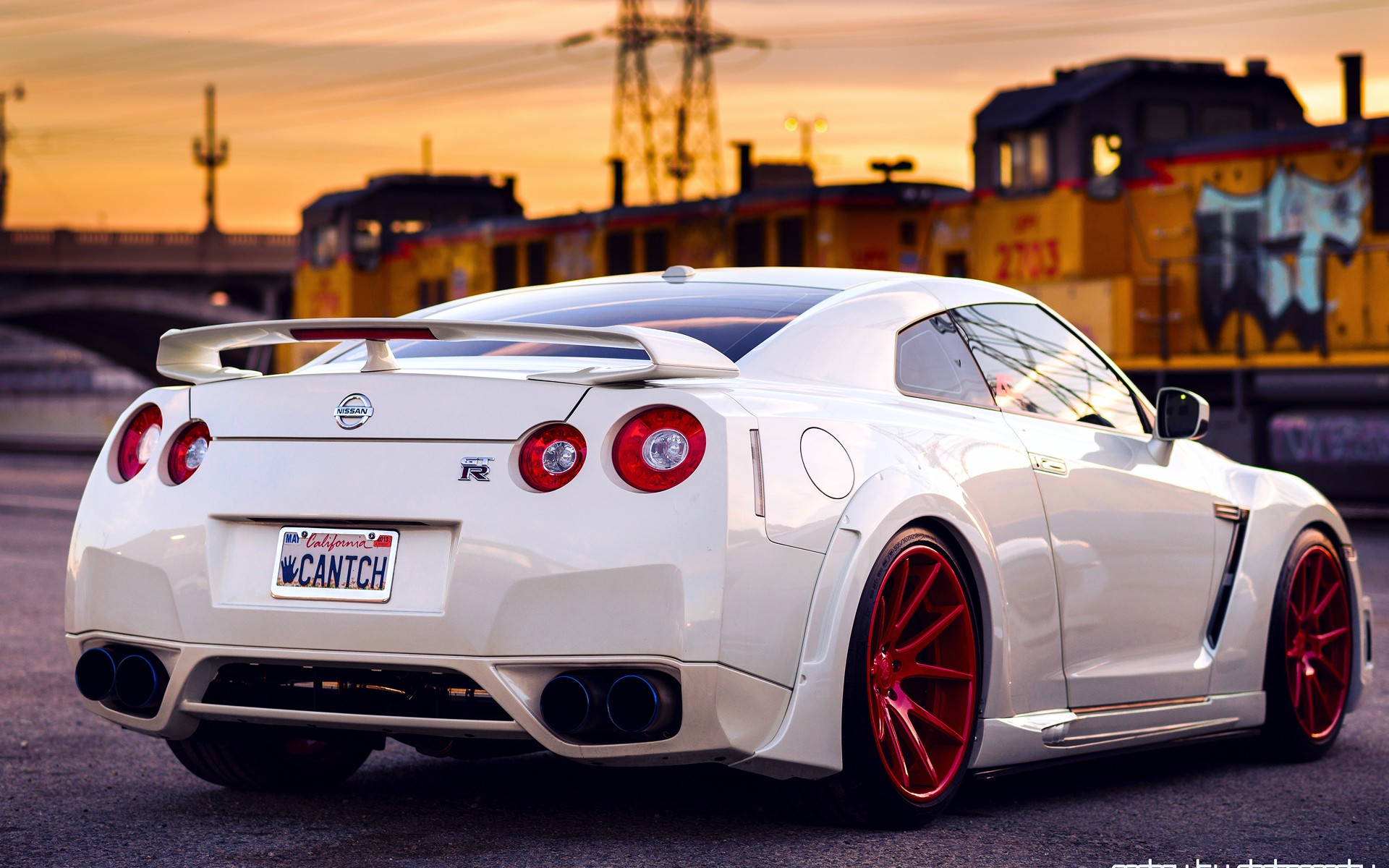 Nissan Gt R White Back Red Wheels Sky Sunset Tuning Supercar Supercars