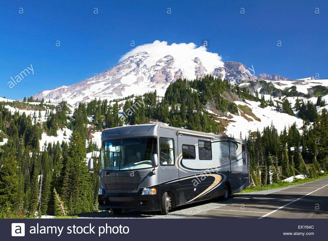 Rv Parked On The Side Of Road With Mountain In Background
