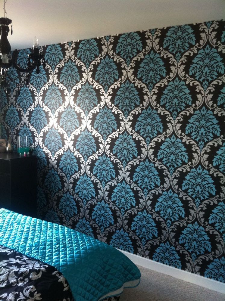  Damask Aqua blue Teal Silver Black Wallpaper feature wall eBay 747x1000