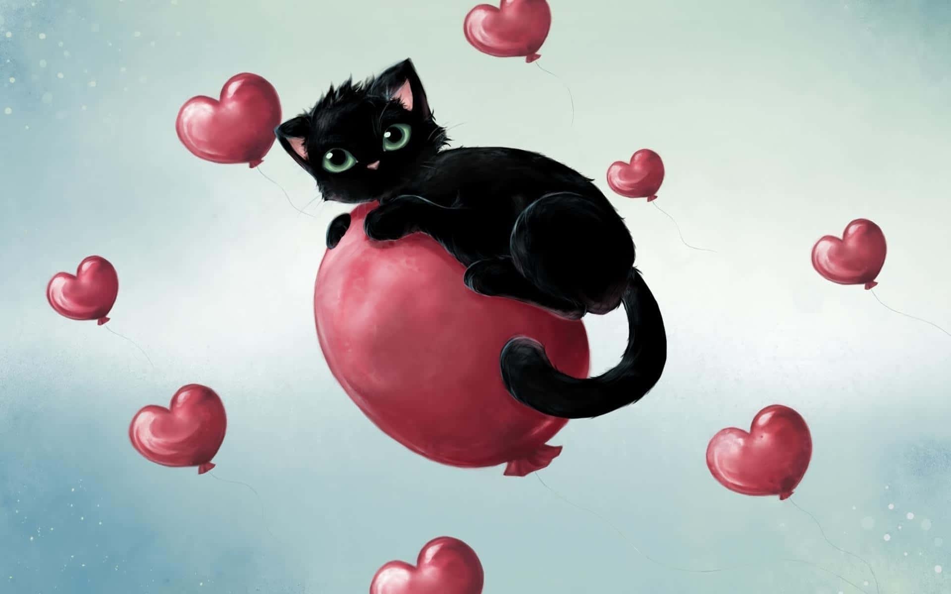 A Black Cat Sitting On Red Balloon With Hearts