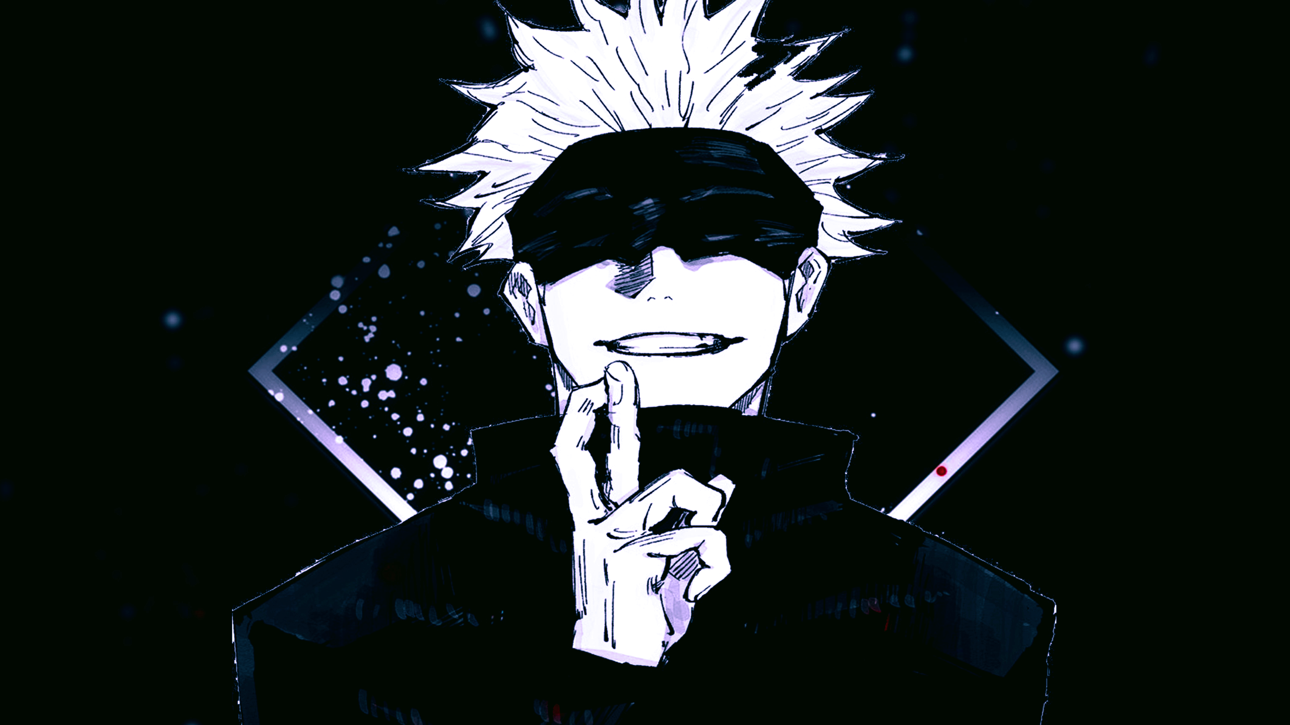 A stylized portrait of Gojo Satoru from Jujutsu Kaisen with his signature blindfold and a confident smirk, set against a dark background with graphic elements