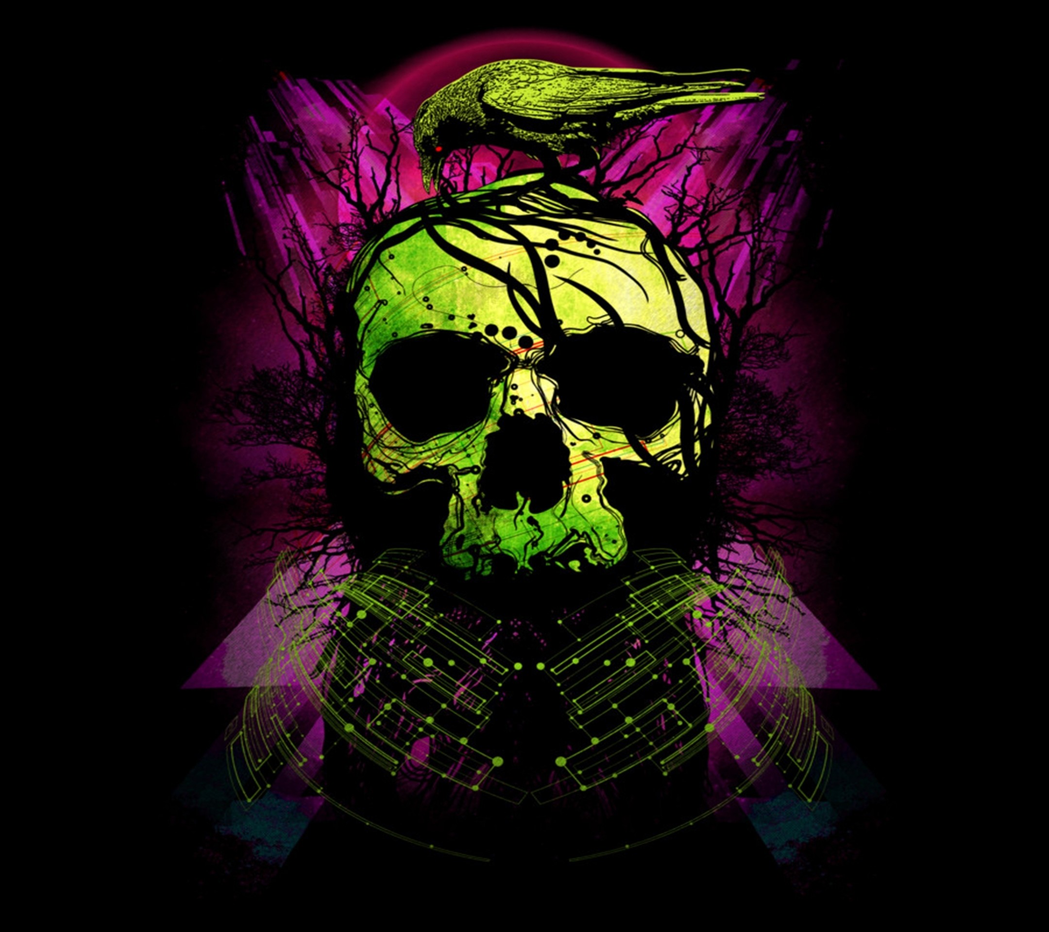 A vibrant green skull, entwined with dark branches and topped by a perched raven, set against a backdrop of abstract geometric shapes and a dark, textured background. This digital art piece evokes themes of gothic fantasy and dark artistry