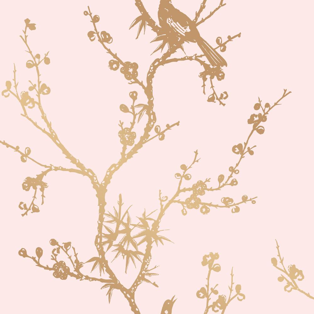 Bird Watching Self Adhesive Wallpaper in Rose Pink and Gold by
