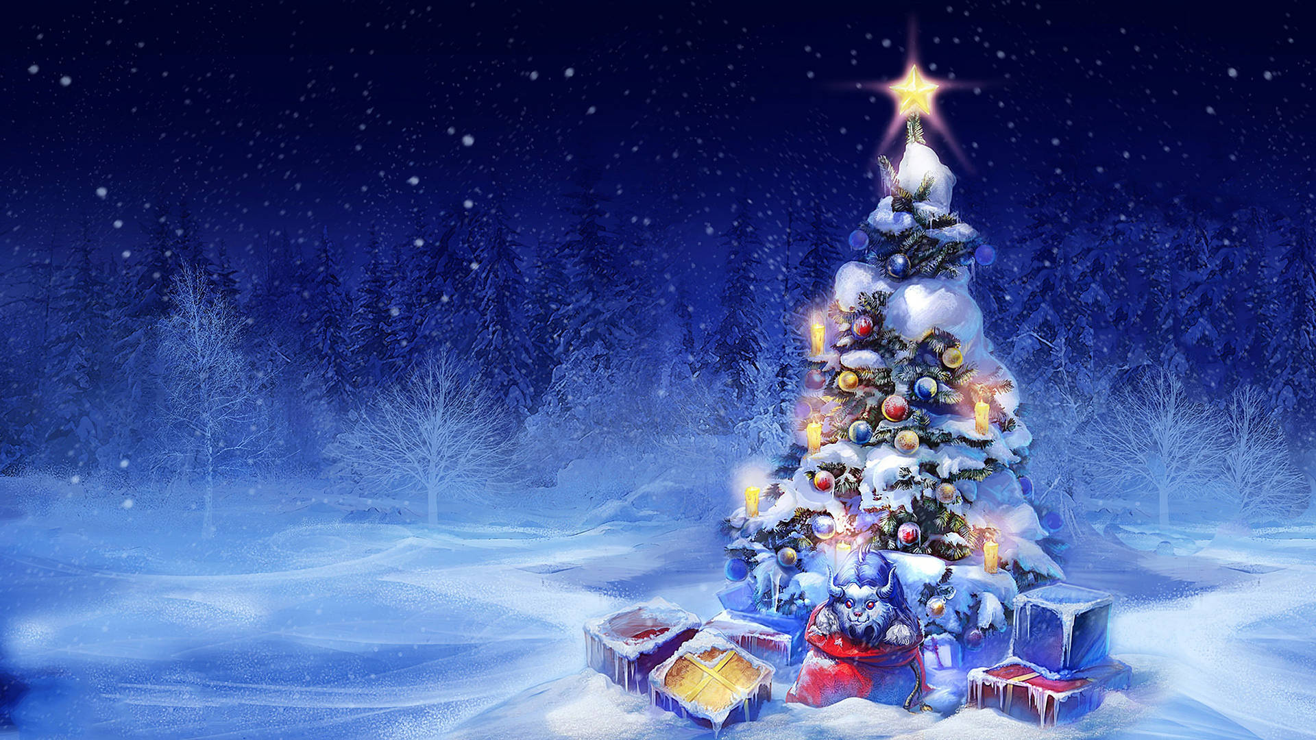 A 4k Christmas wallpaper featuring a decorated Christmas tree in a snowy forest at night