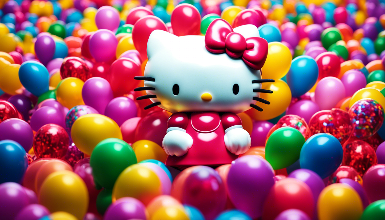 A Whimsical And Vibrant Hello Kitty Wallpaper Featuring The Iconic Character Surrounded By Colorful Balloons Confetti Exuding Joy Playfulness This Should Evoke Feelings Of Happiness Nostalgia Perfect For Brightening Up Any Desktop Screen