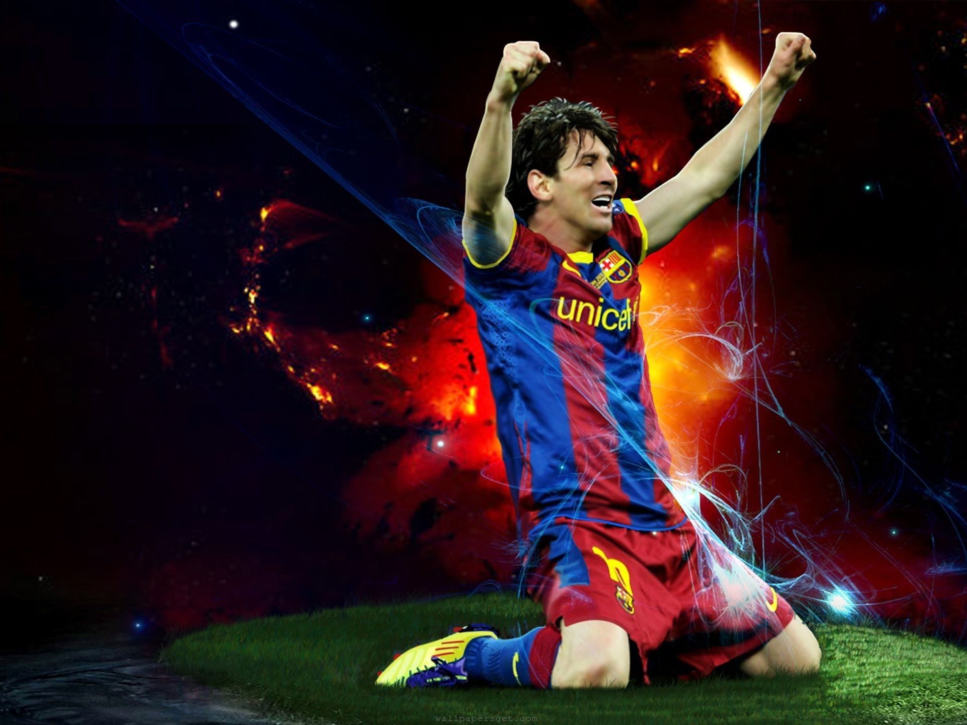Lionel Messi celebrating a goal in a dramatic action shot, perfect for football fans