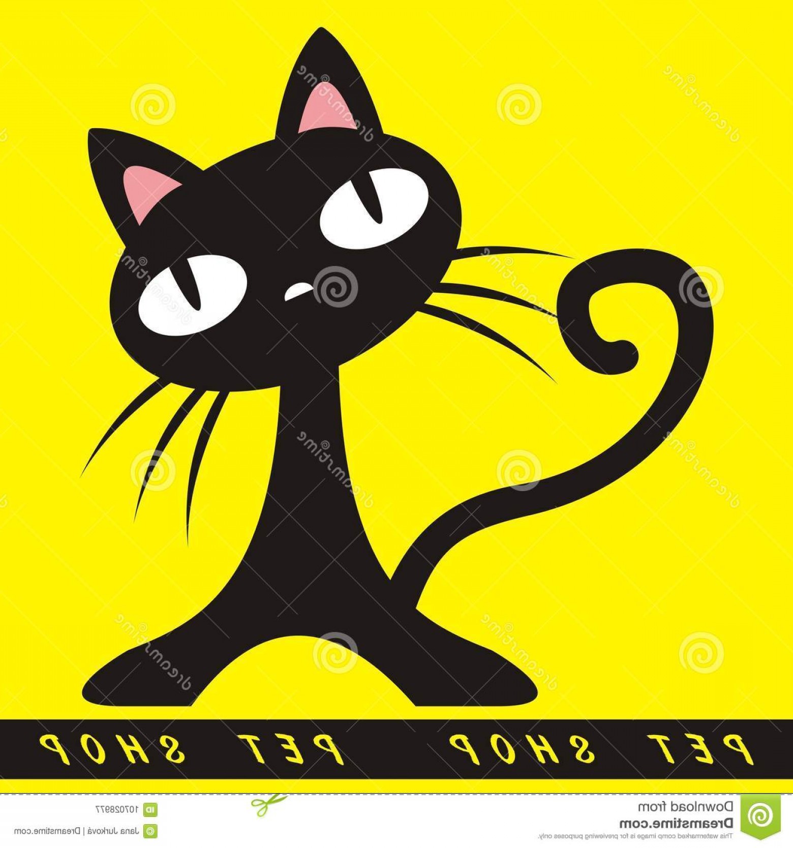 Pet Shop Black Cat Funny Vector Illustration Yellow Background