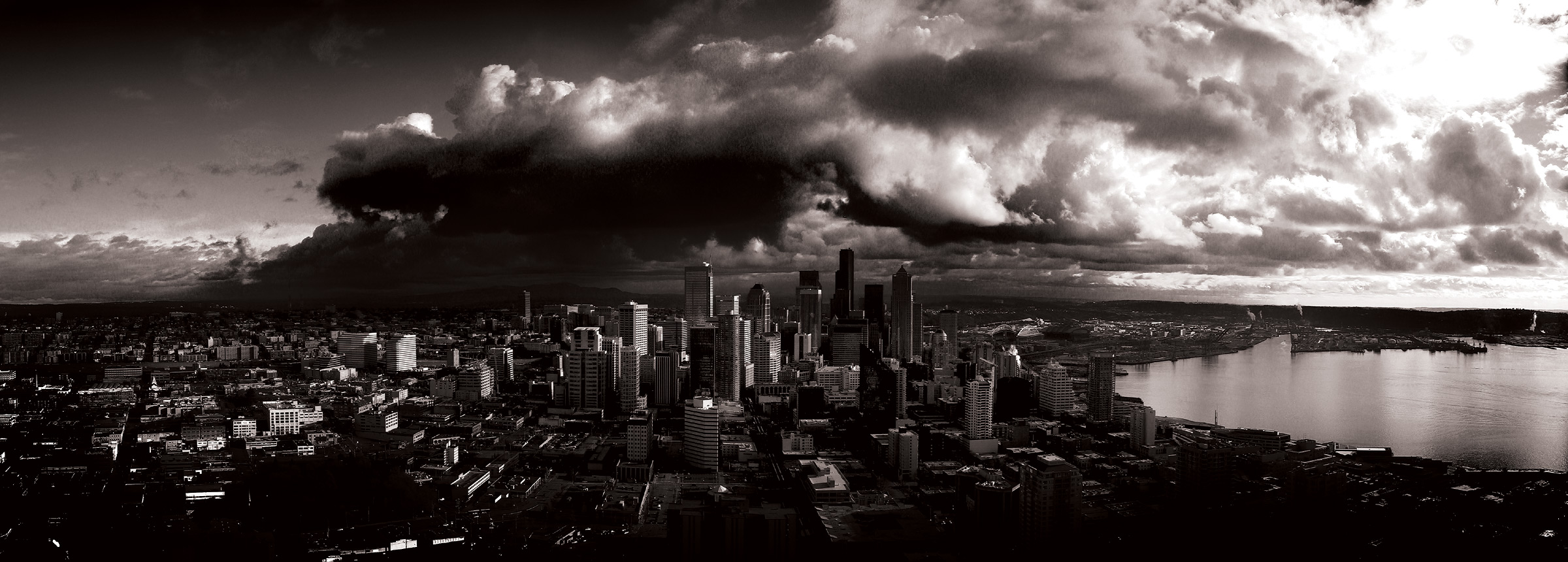 stormy seattle grayscale dual monitor hd quality HD Wallpaper 2400x861